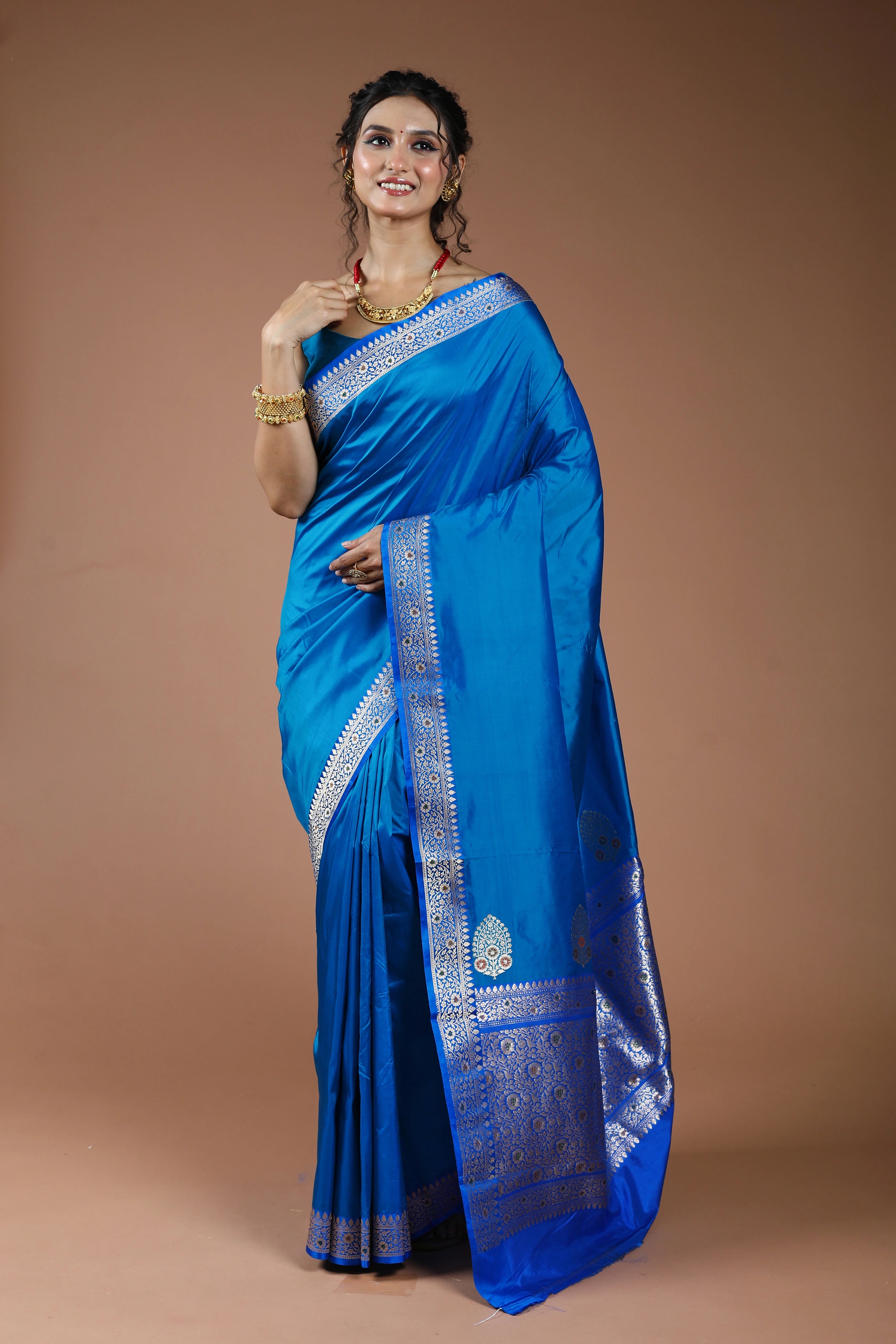 Turquoise Blue Pure Katan Silk Saree With Blouse Piece