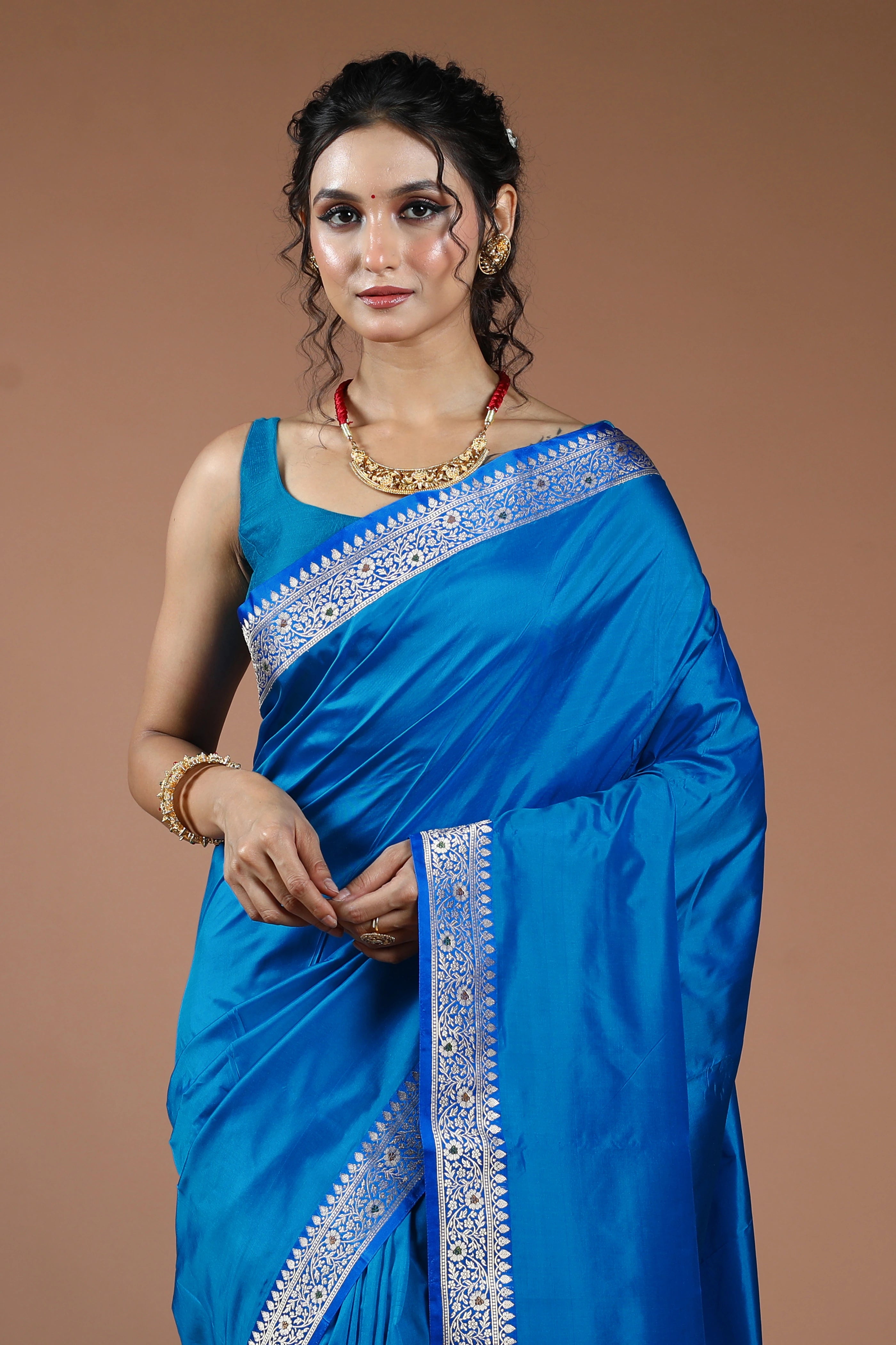 Turquoise Blue Pure Katan Silk Saree With Blouse Piece