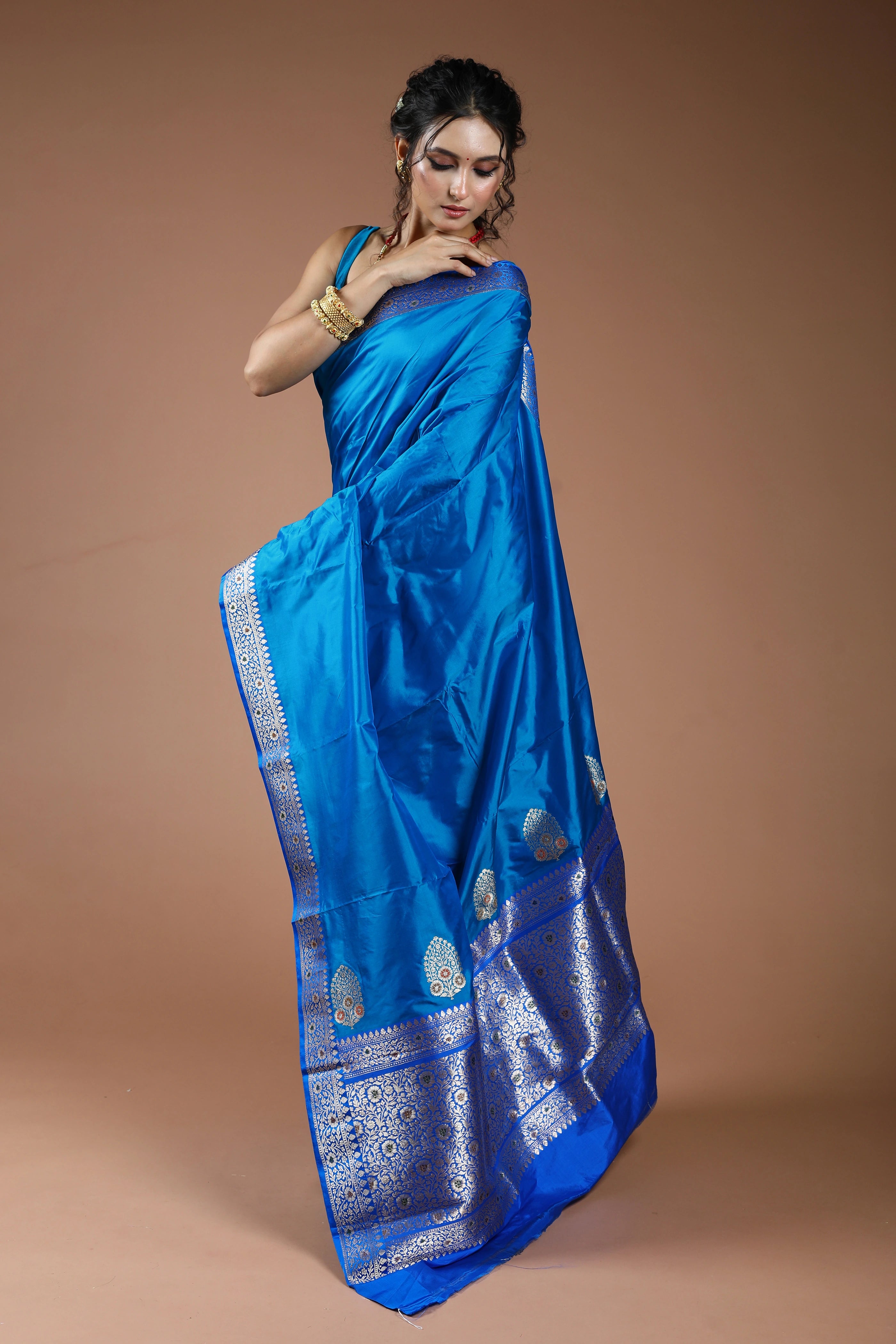 Turquoise Blue Pure Katan Silk Saree With Blouse Piece