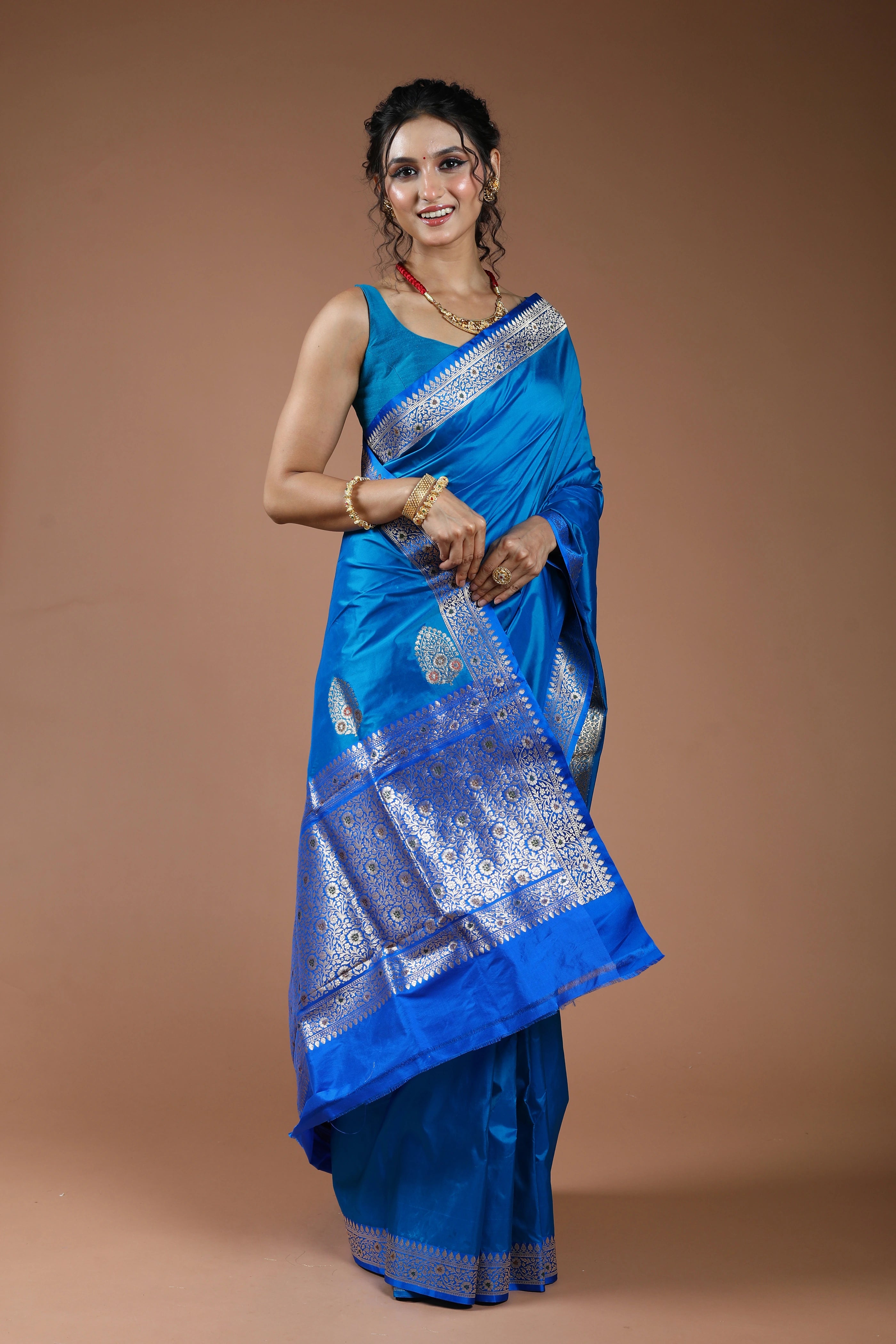 Turquoise Blue Pure Katan Silk Saree With Blouse Piece