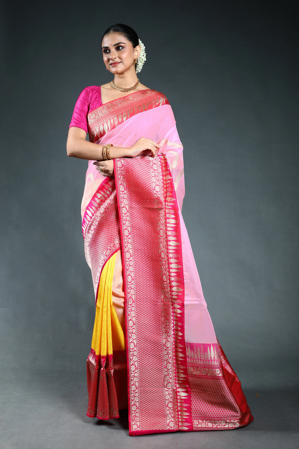 Peach Pink Shaded Exclusive kora Banarasi Saree with Blouse Piece