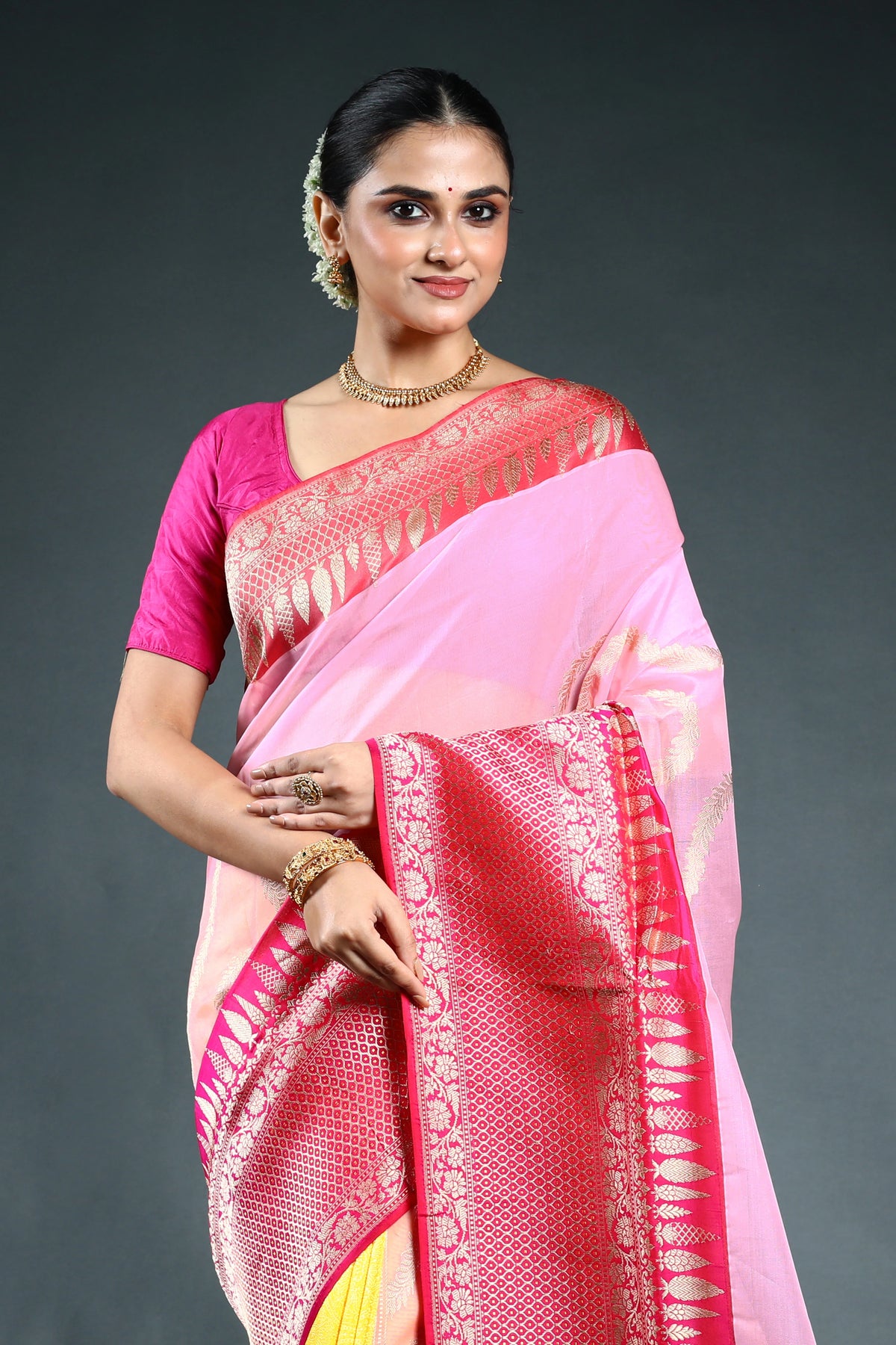 Peach Pink Shaded Exclusive kora Banarasi Saree with Blouse Piece
