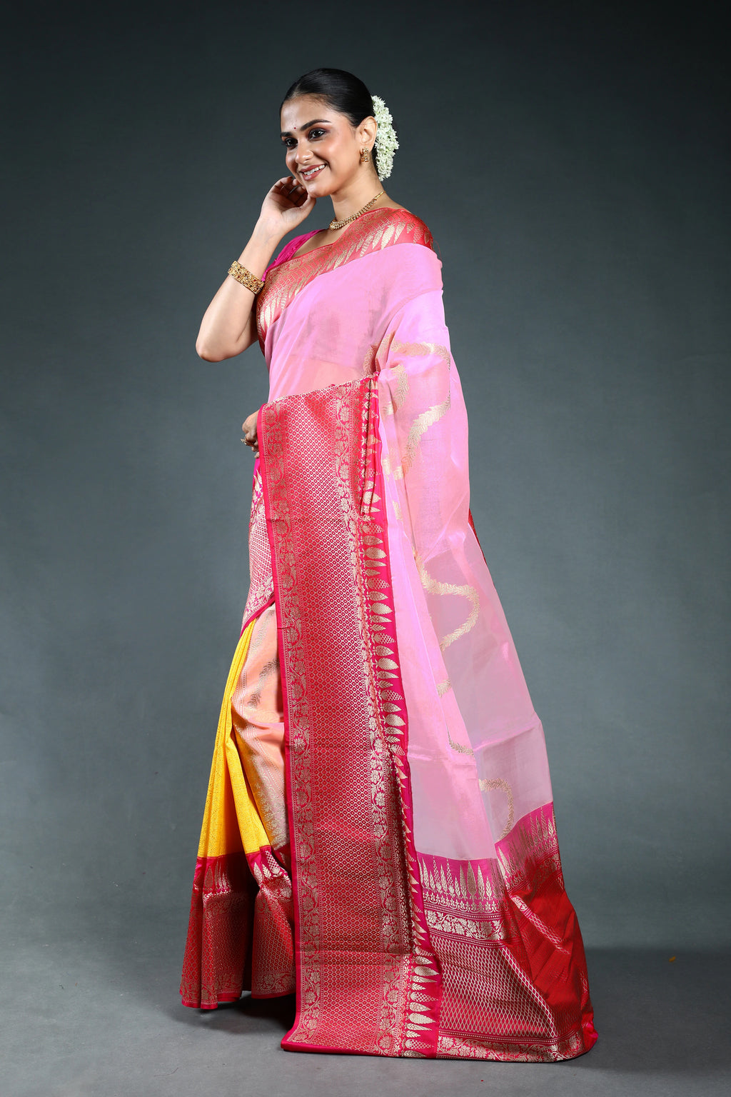 Peach Pink Shaded Exclusive kora Banarasi Saree with Blouse Piece