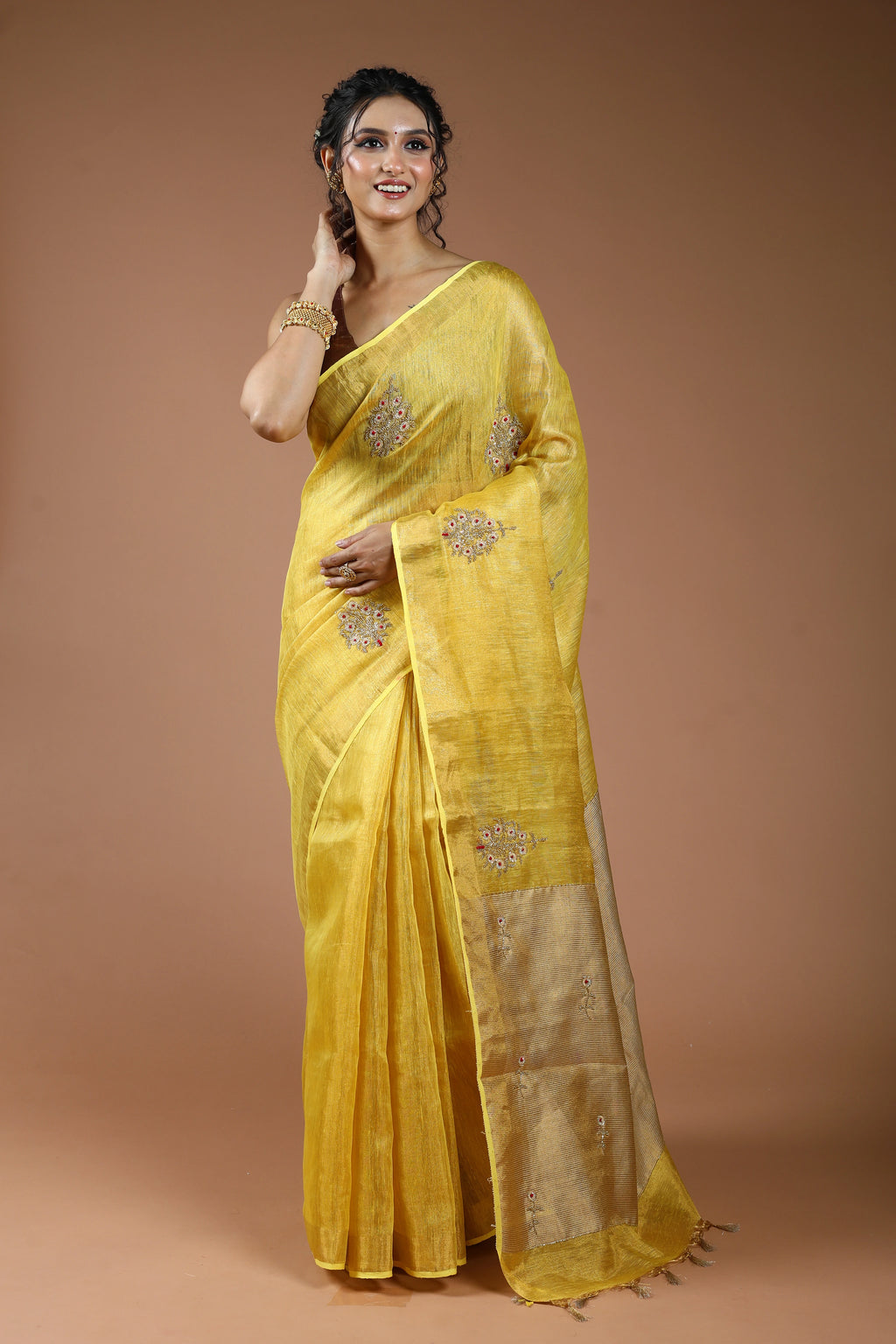 Yellow Semi Tissue Linen Saree With Blouse Piece