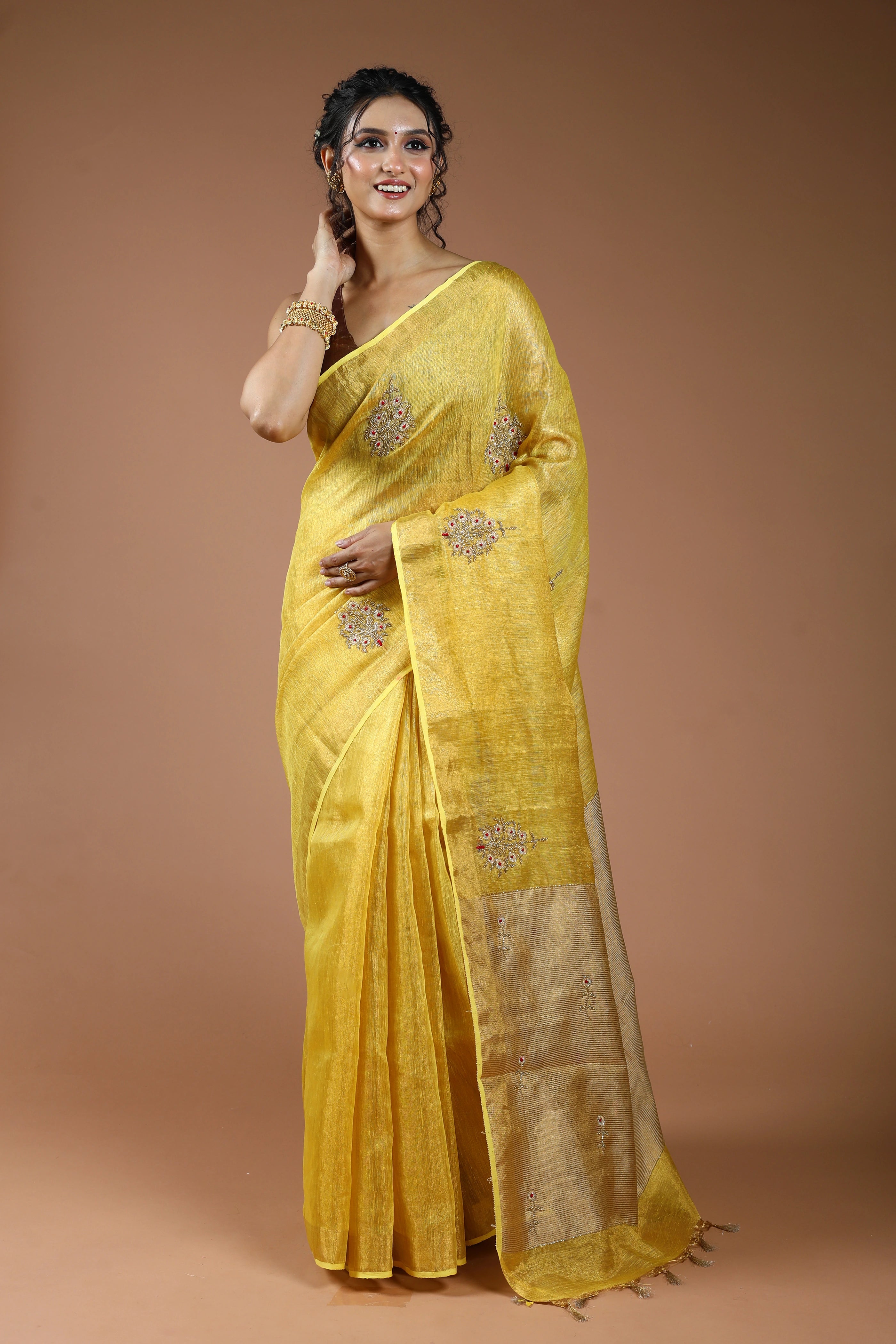 Yellow Semi Tissue Linen Saree With Blouse Piece