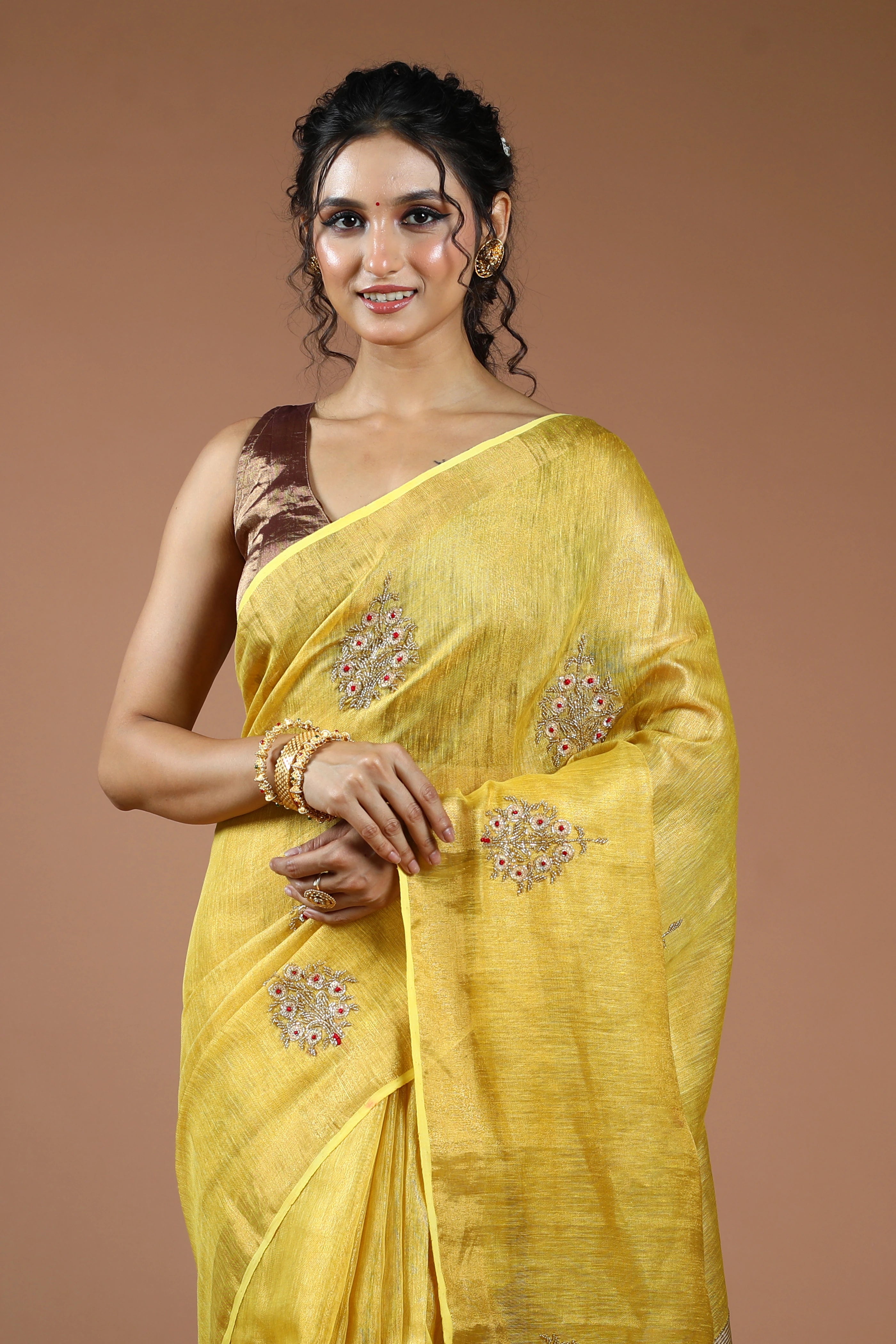 Yellow Semi Tissue Linen Saree With Blouse Piece