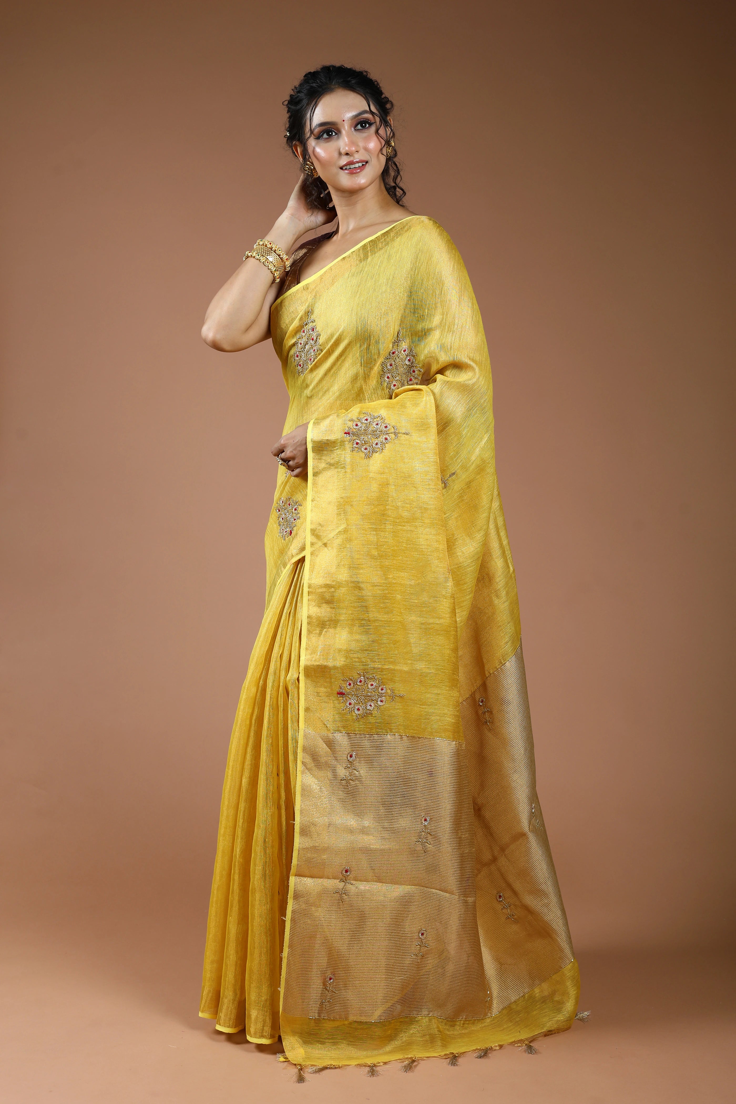 Yellow Semi Tissue Linen Saree With Blouse Piece