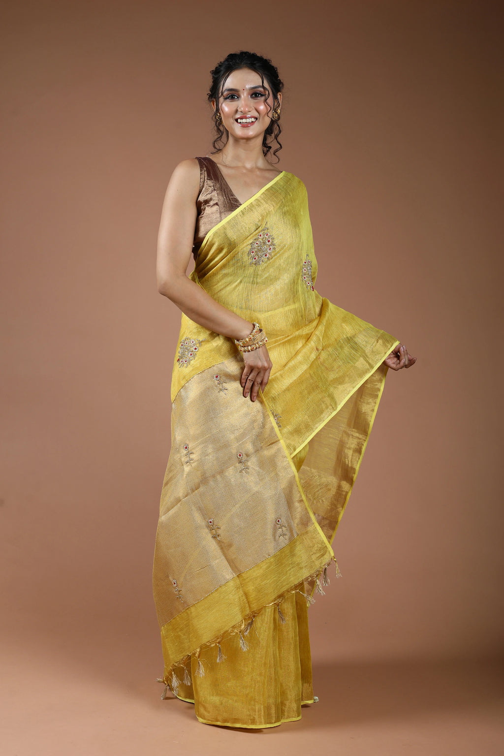 Yellow Semi Tissue Linen Saree With Blouse Piece