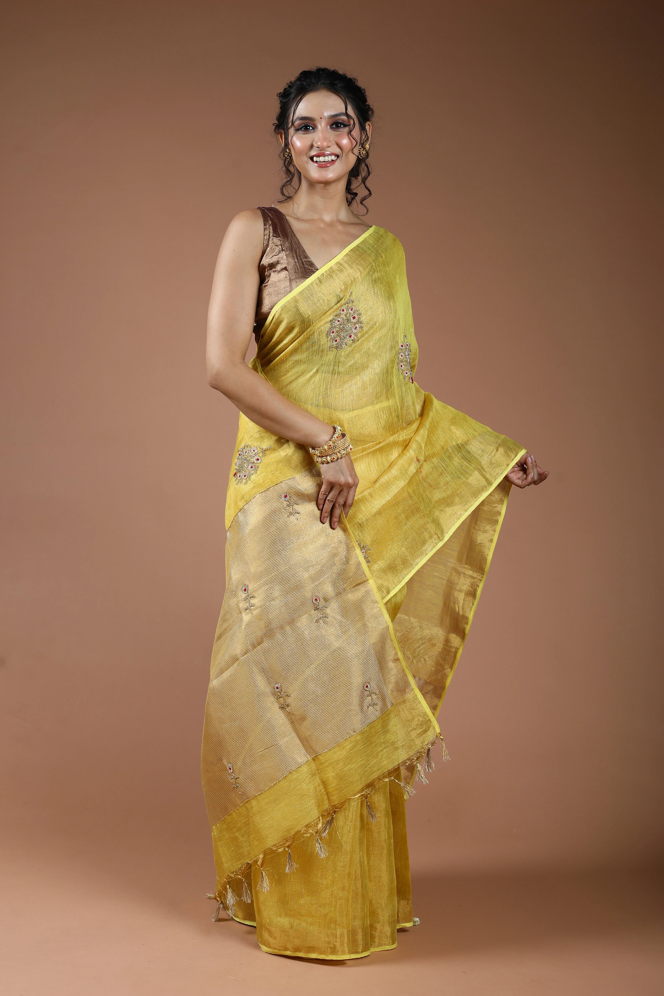 Yellow Semi Tissue Linen Saree With Blouse Piece