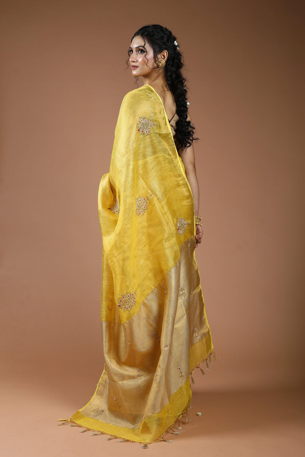 Yellow Semi Tissue Linen Saree With Blouse Piece