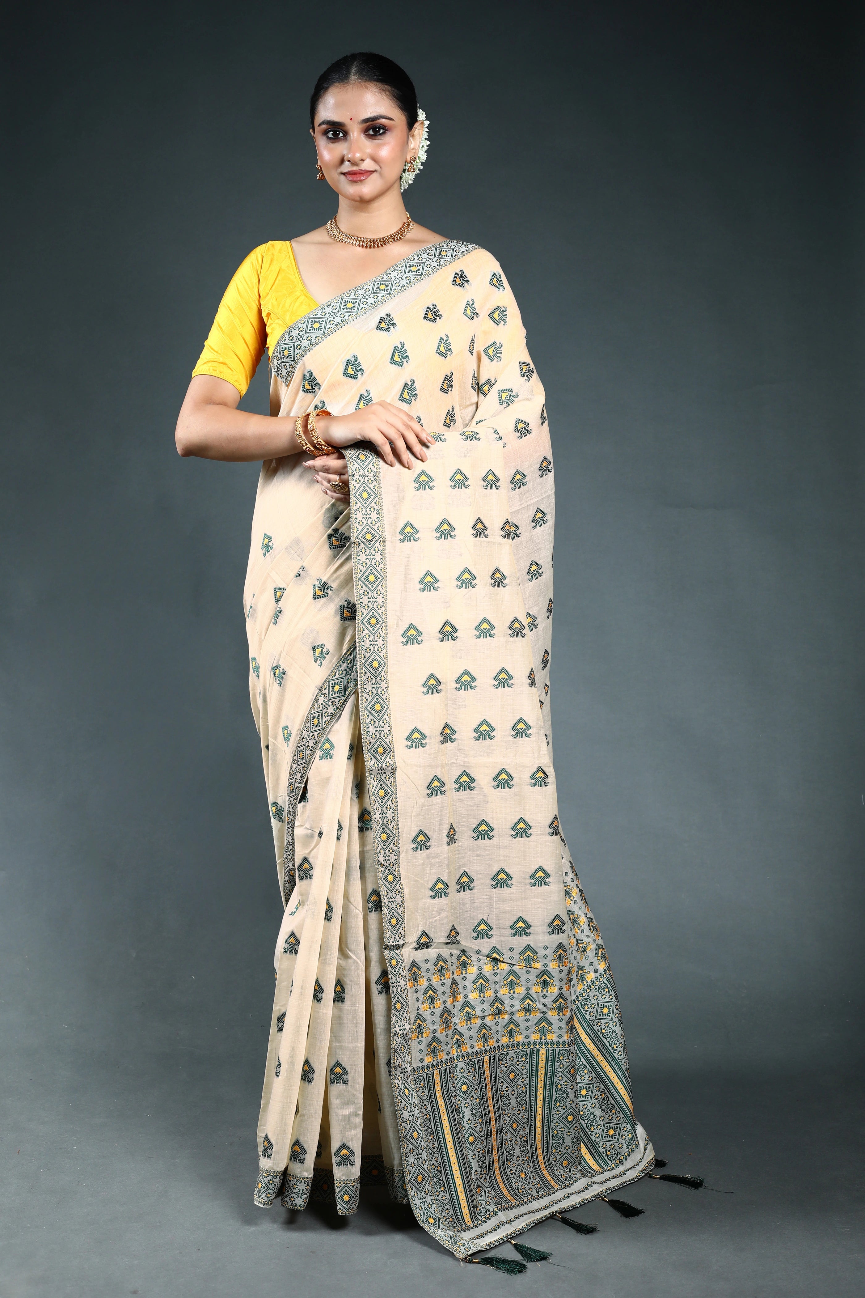 Bottle Green Semi Assam Silk Saree with Blouse Piece