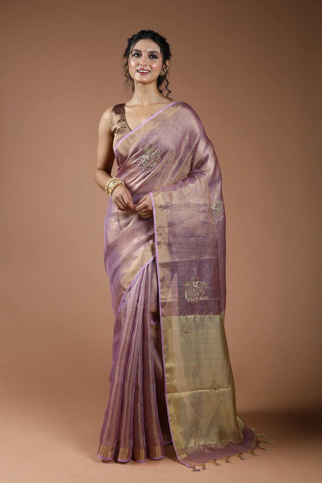 Mauve Semi Tissue Linen Saree With Blouse Piece