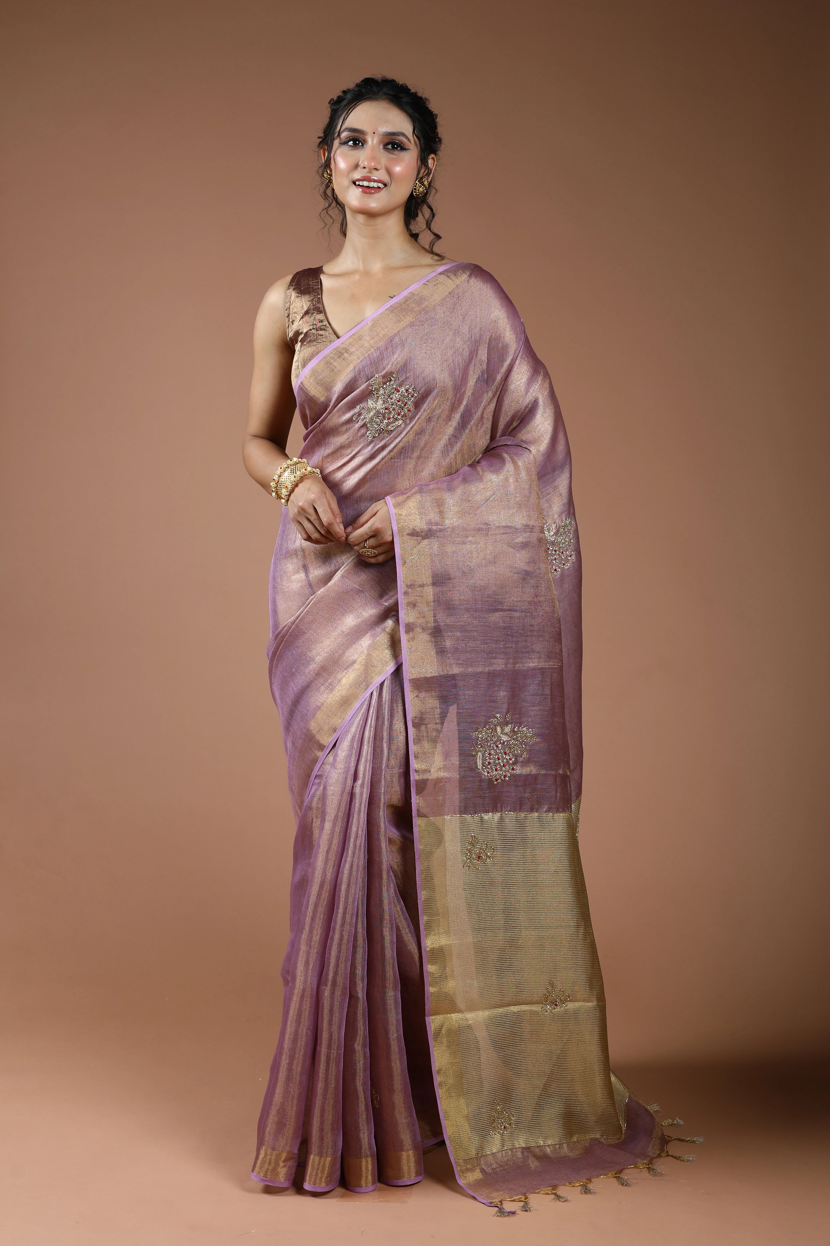 Mauve Semi Tissue Linen Saree With Blouse Piece