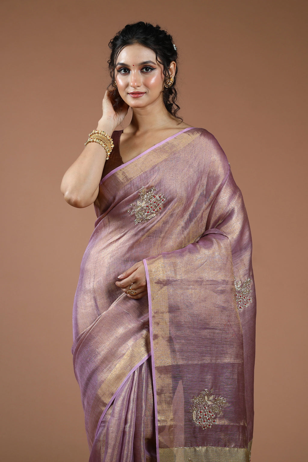 Mauve Semi Tissue Linen Saree With Blouse Piece