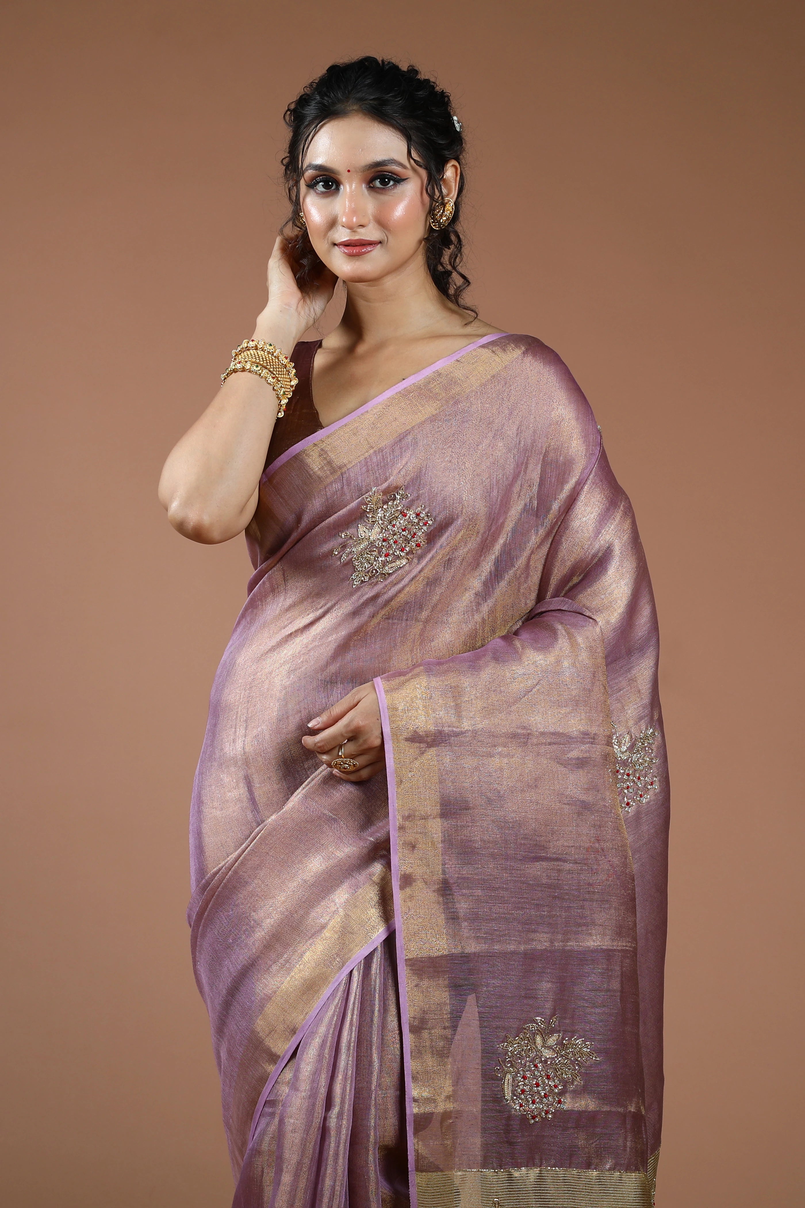 Mauve Semi Tissue Linen Saree With Blouse Piece