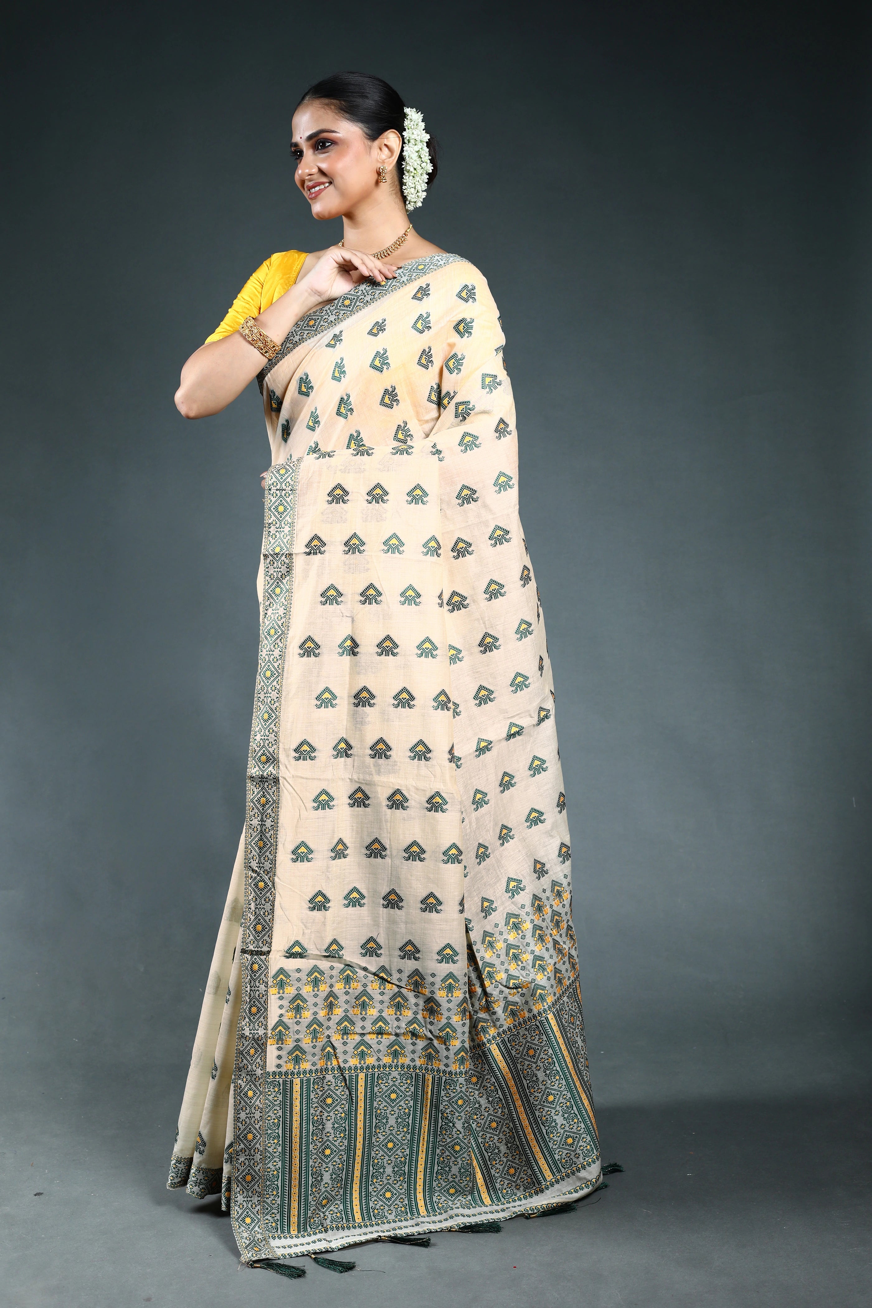 Bottle Green Semi Assam Silk Saree with Blouse Piece
