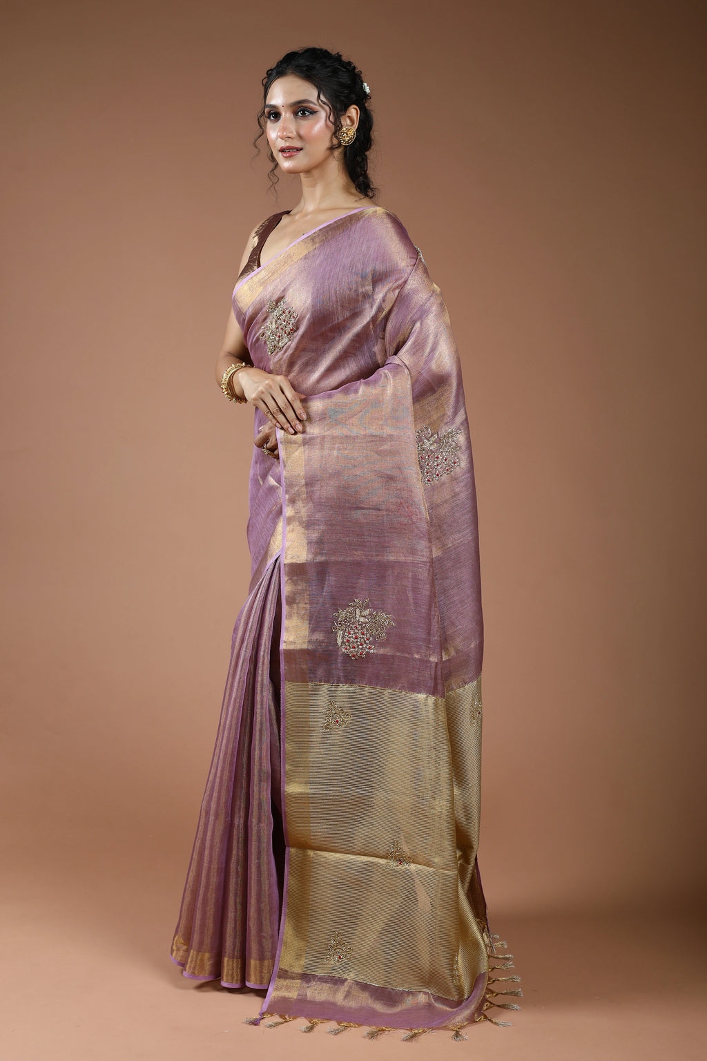 Mauve Semi Tissue Linen Saree With Blouse Piece