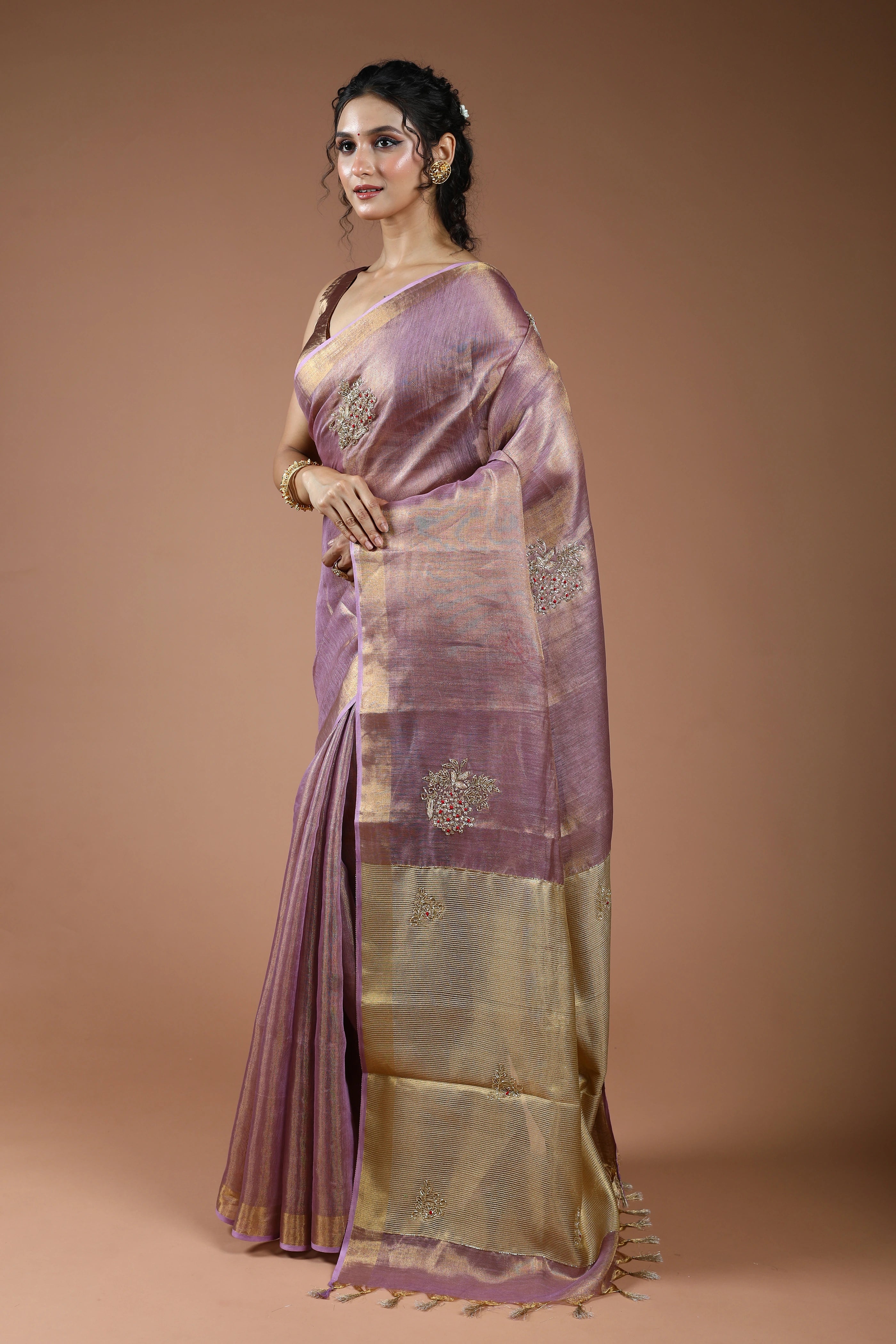 Mauve Semi Tissue Linen Saree With Blouse Piece