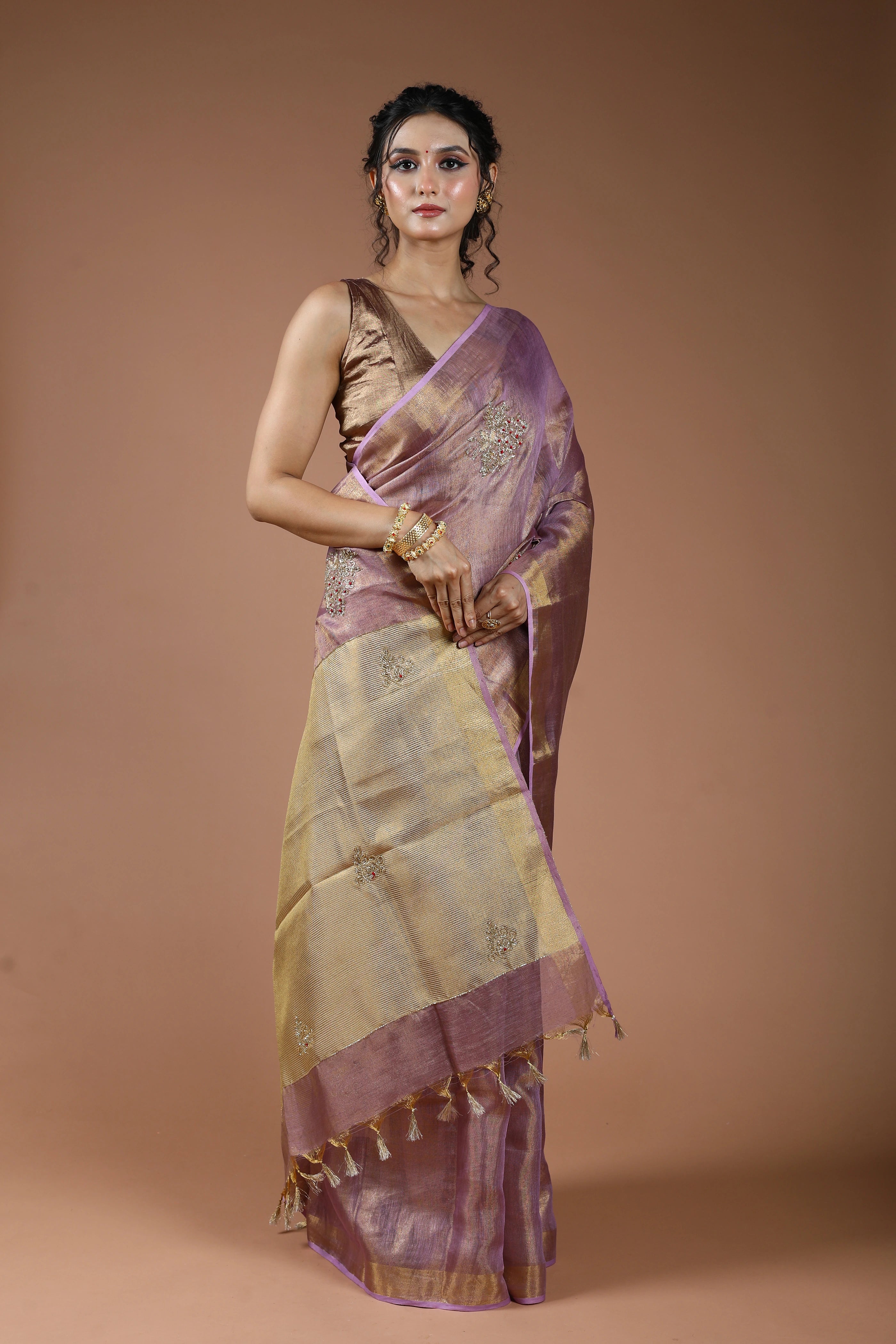 Mauve Semi Tissue Linen Saree With Blouse Piece