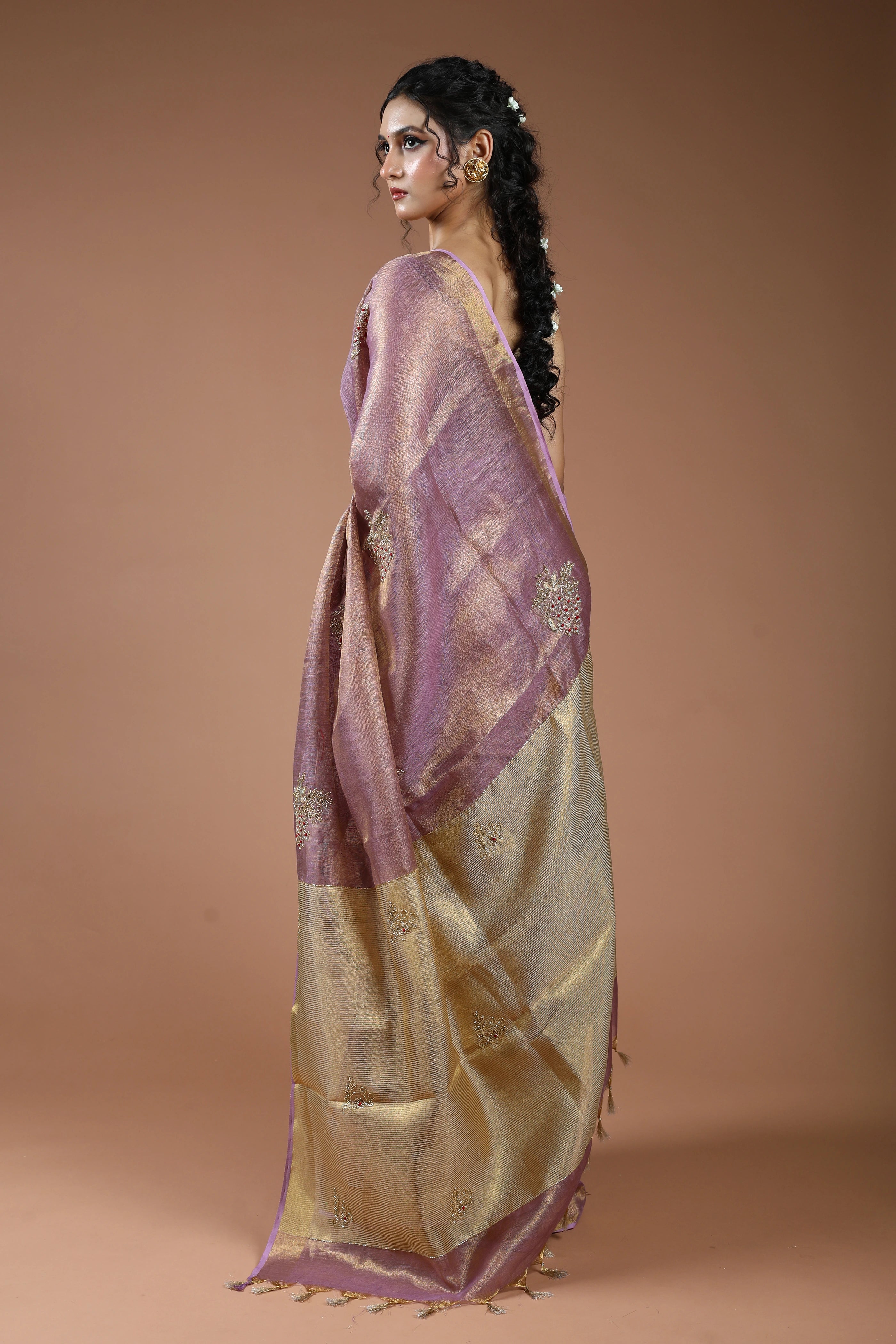 Mauve Semi Tissue Linen Saree With Blouse Piece