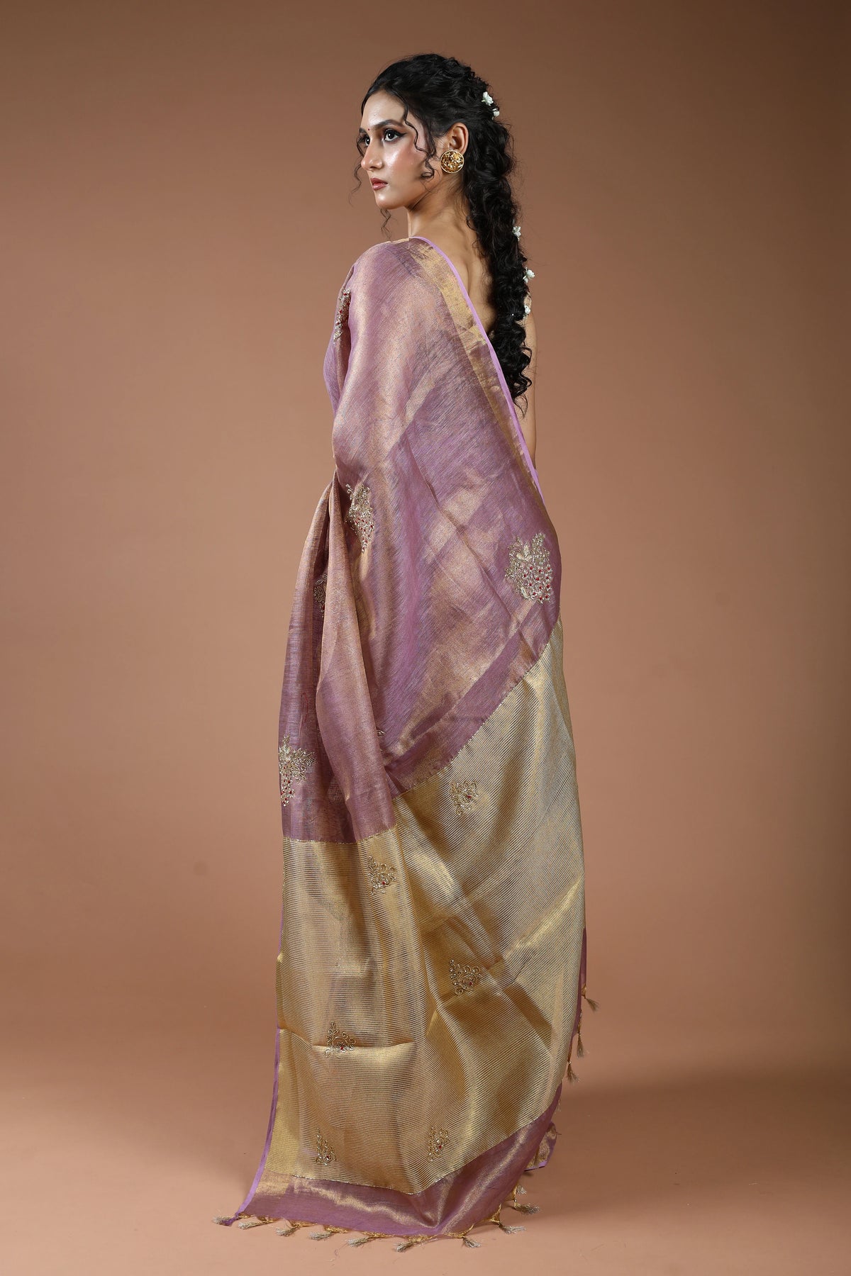 Mauve Semi Tissue Linen Saree With Blouse Piece