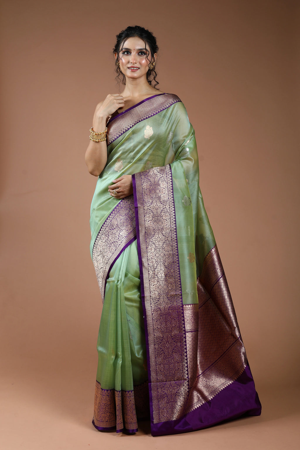 Pista Green Pure Kora Banarasi With Katan Border Saree With Blouse Piece