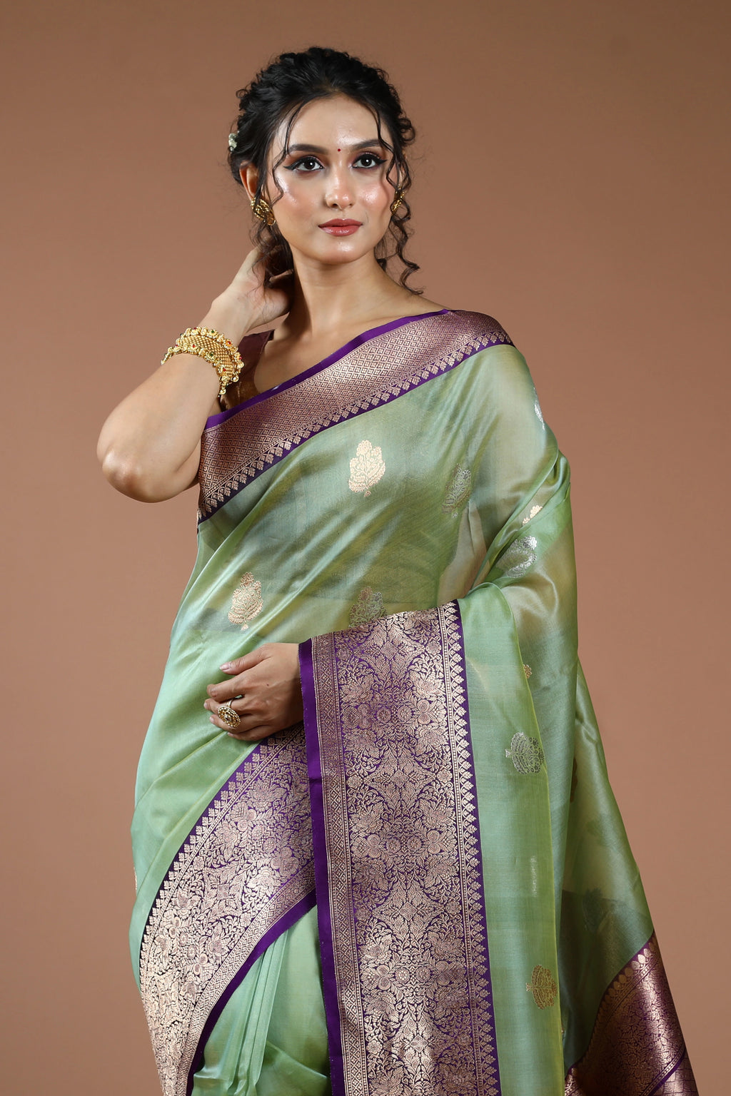 Pista Green Pure Kora Banarasi With Katan Border Saree With Blouse Piece