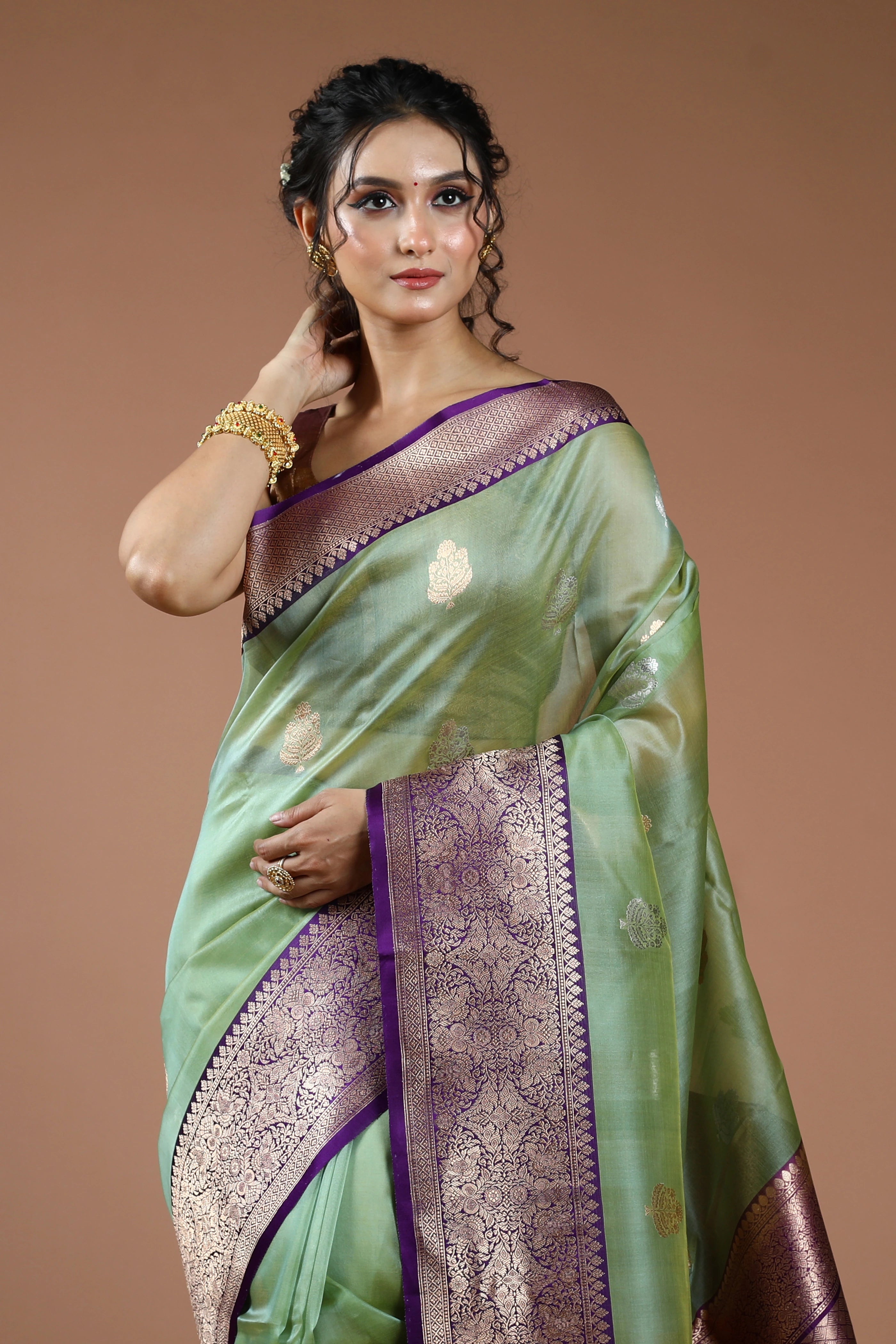 Pista Green Pure Kora Banarasi With Katan Border Saree With Blouse Piece
