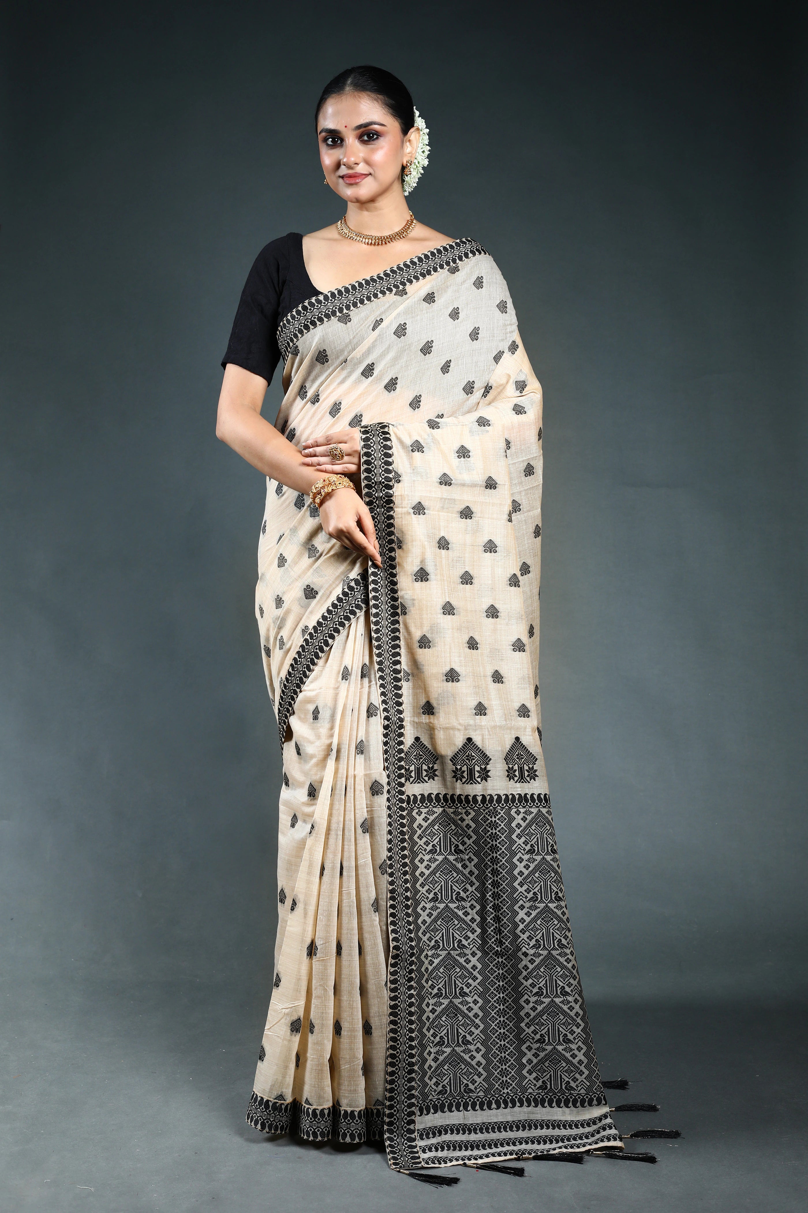 Black Semi Assam Silk Saree with Blouse Piece