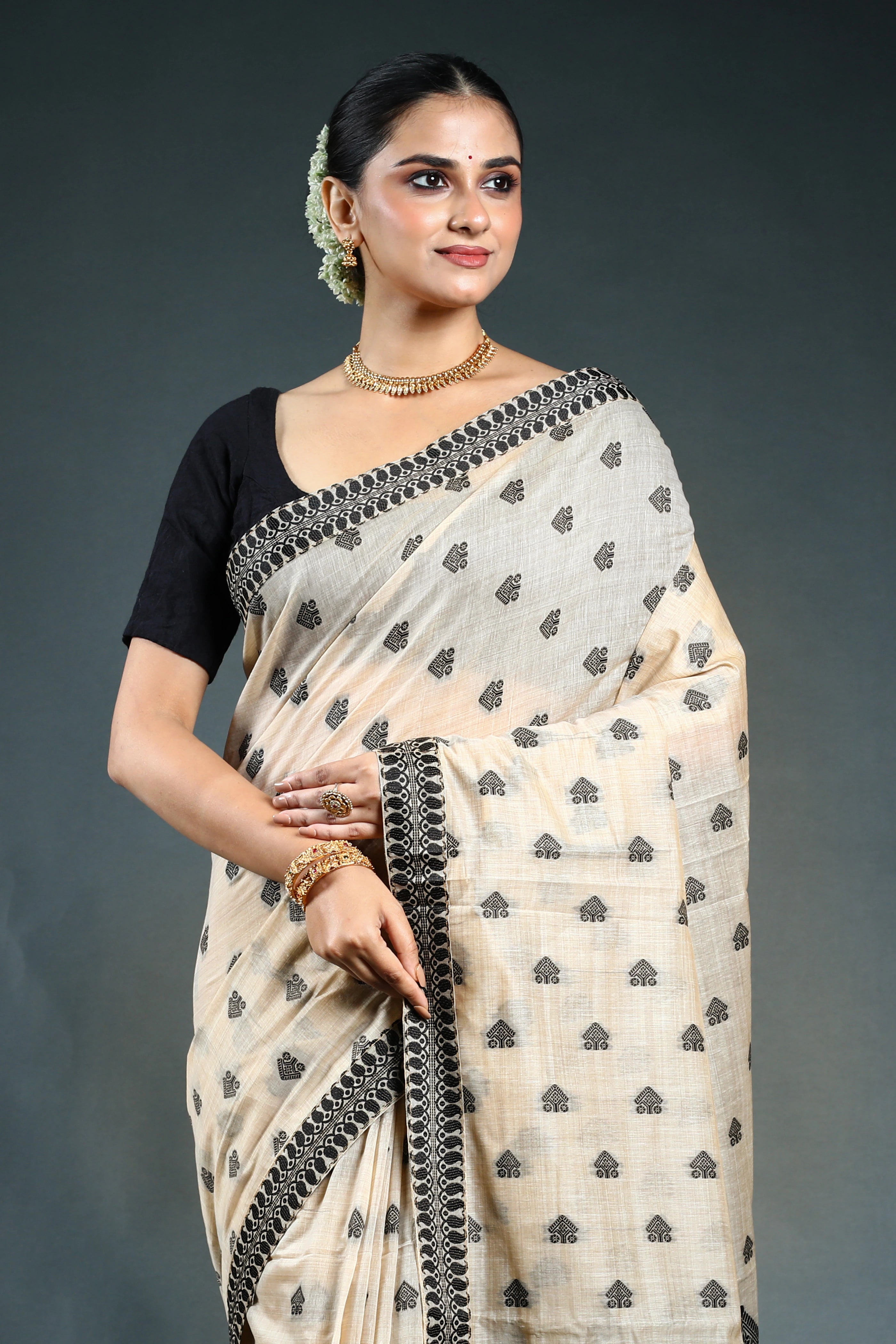 Black Semi Assam Silk Saree with Blouse Piece