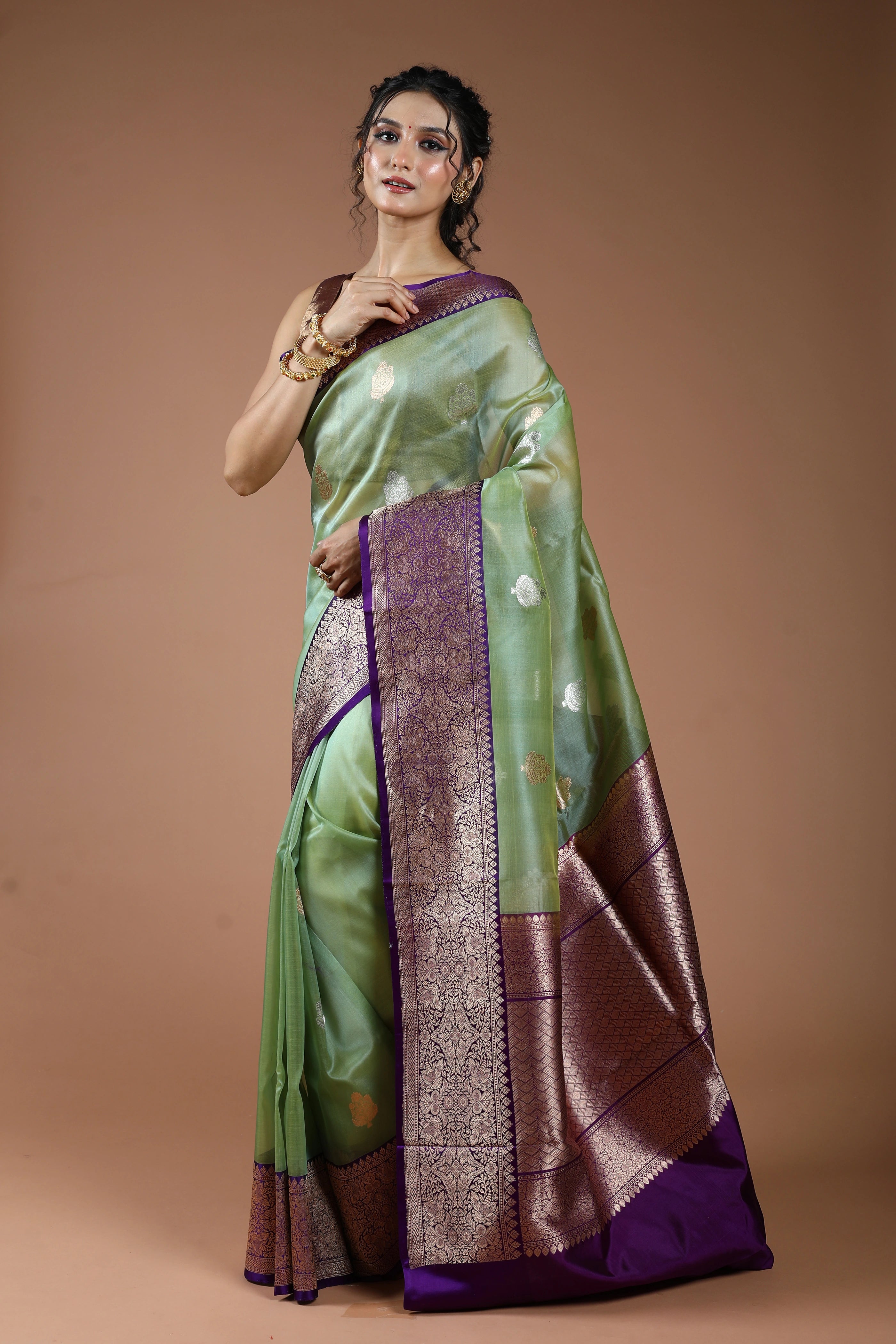 Pista Green Pure Kora Banarasi With Katan Border Saree With Blouse Piece