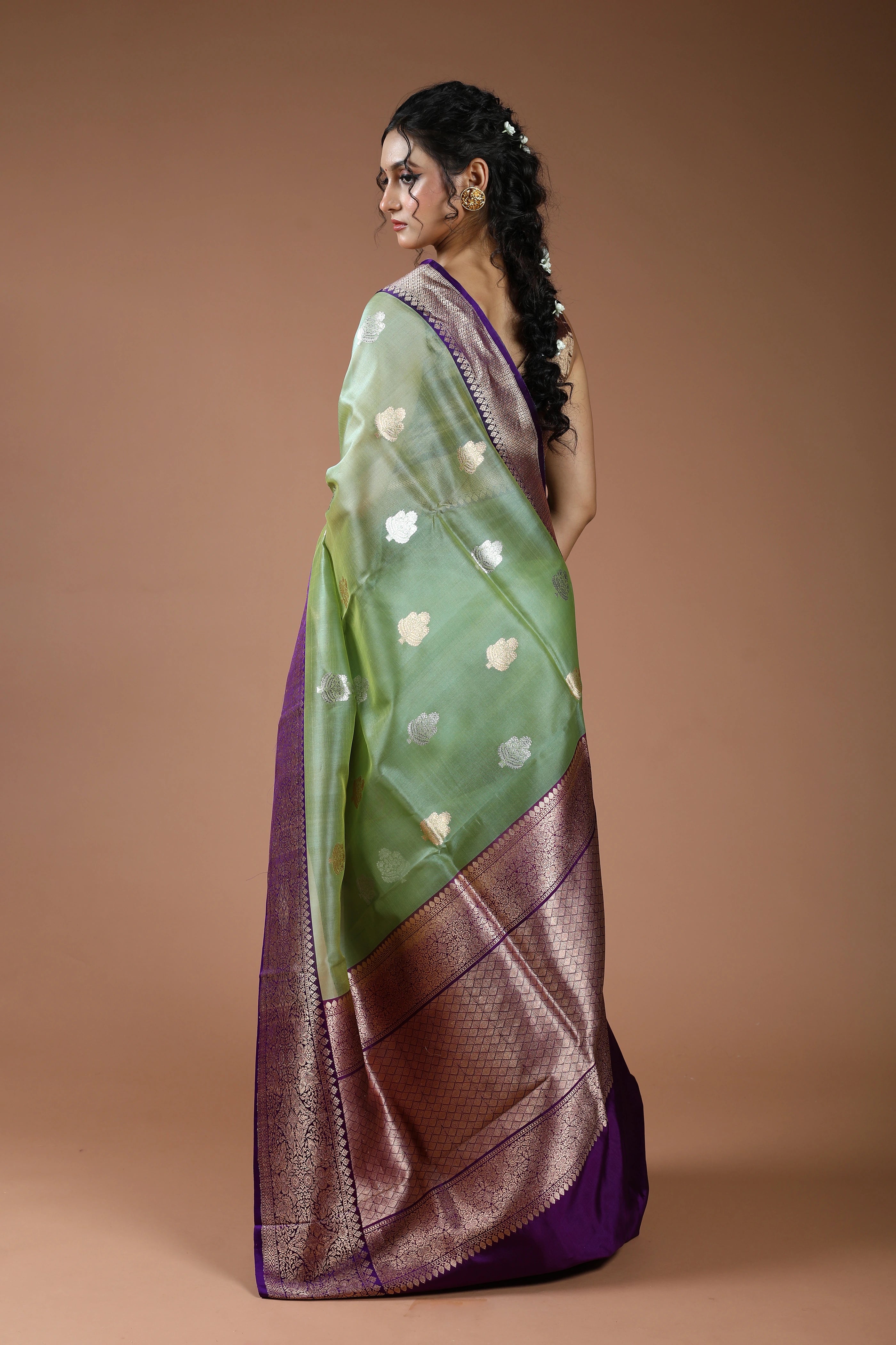 Pista Green Pure Kora Banarasi With Katan Border Saree With Blouse Piece