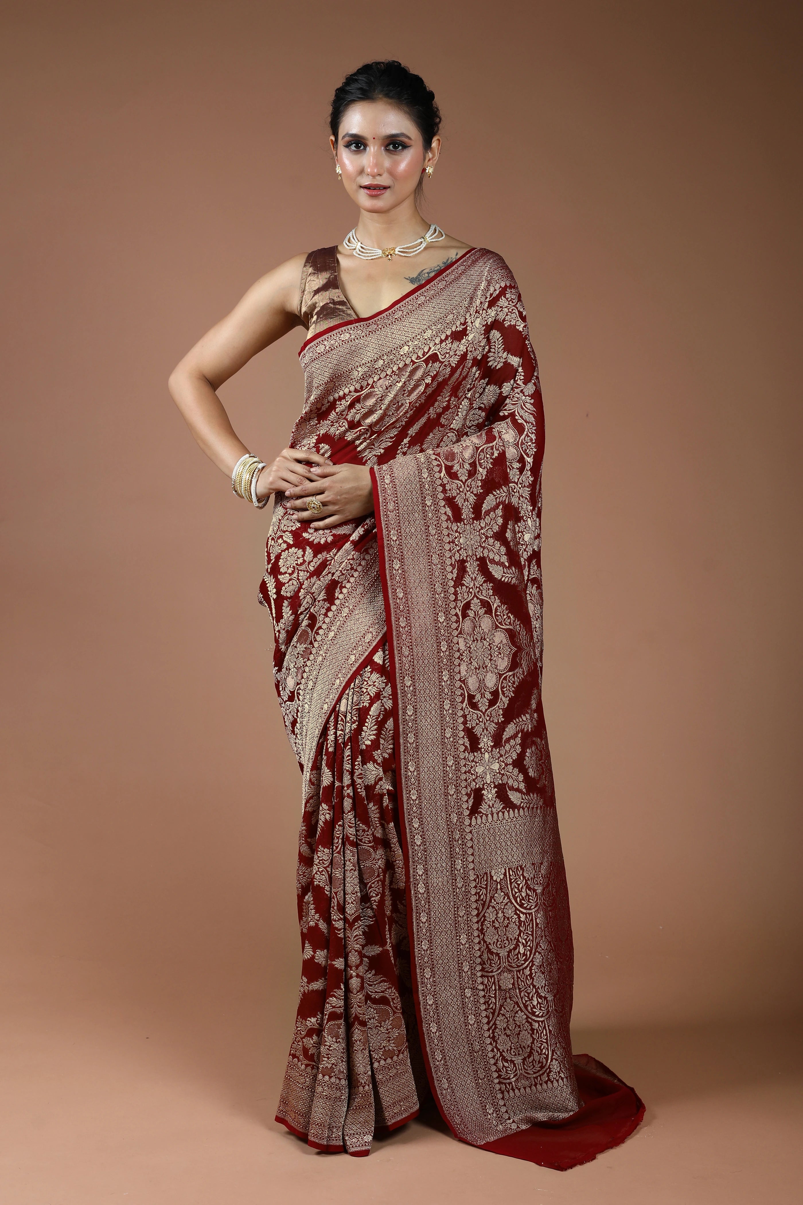 Dark Red Pure Georgette Saree With Blouse Piece