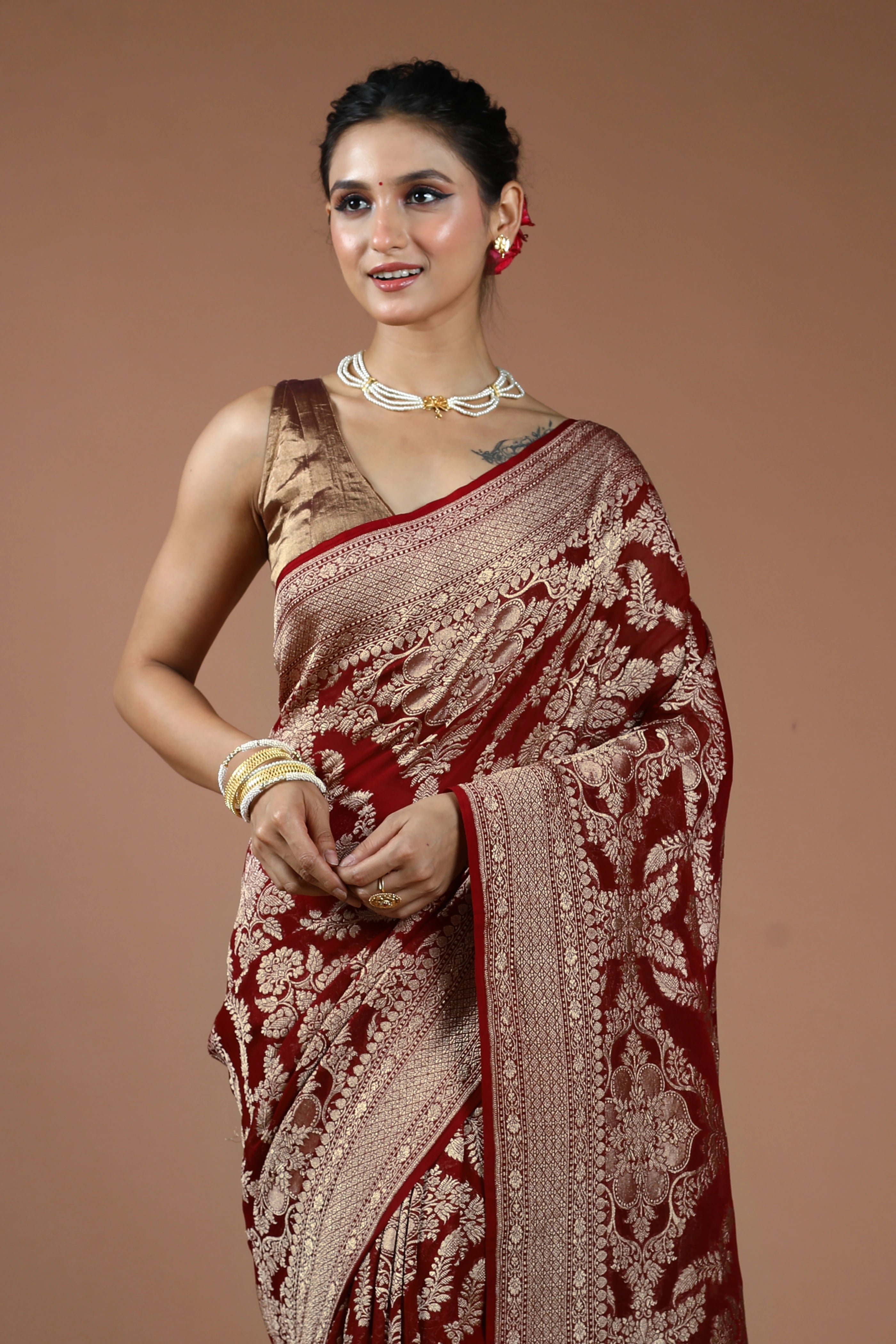 Dark Red Pure Georgette Saree With Blouse Piece