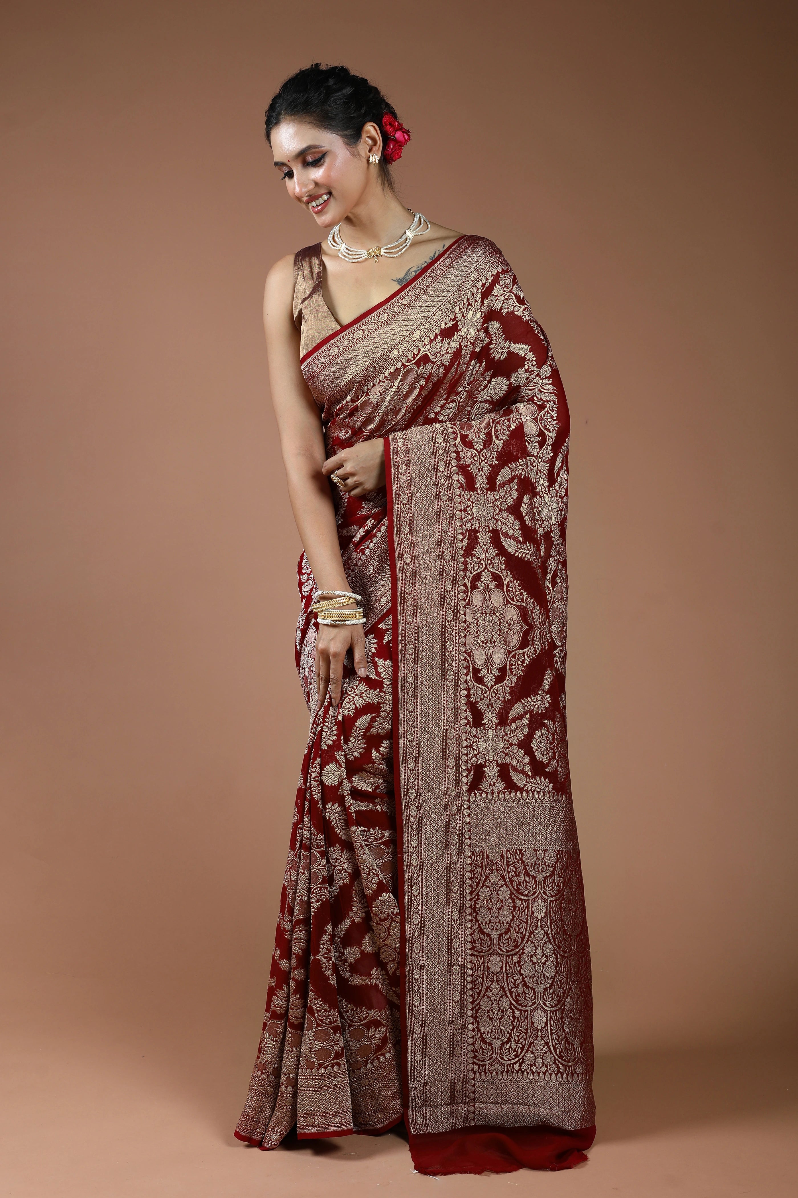 Dark Red Pure Georgette Saree With Blouse Piece