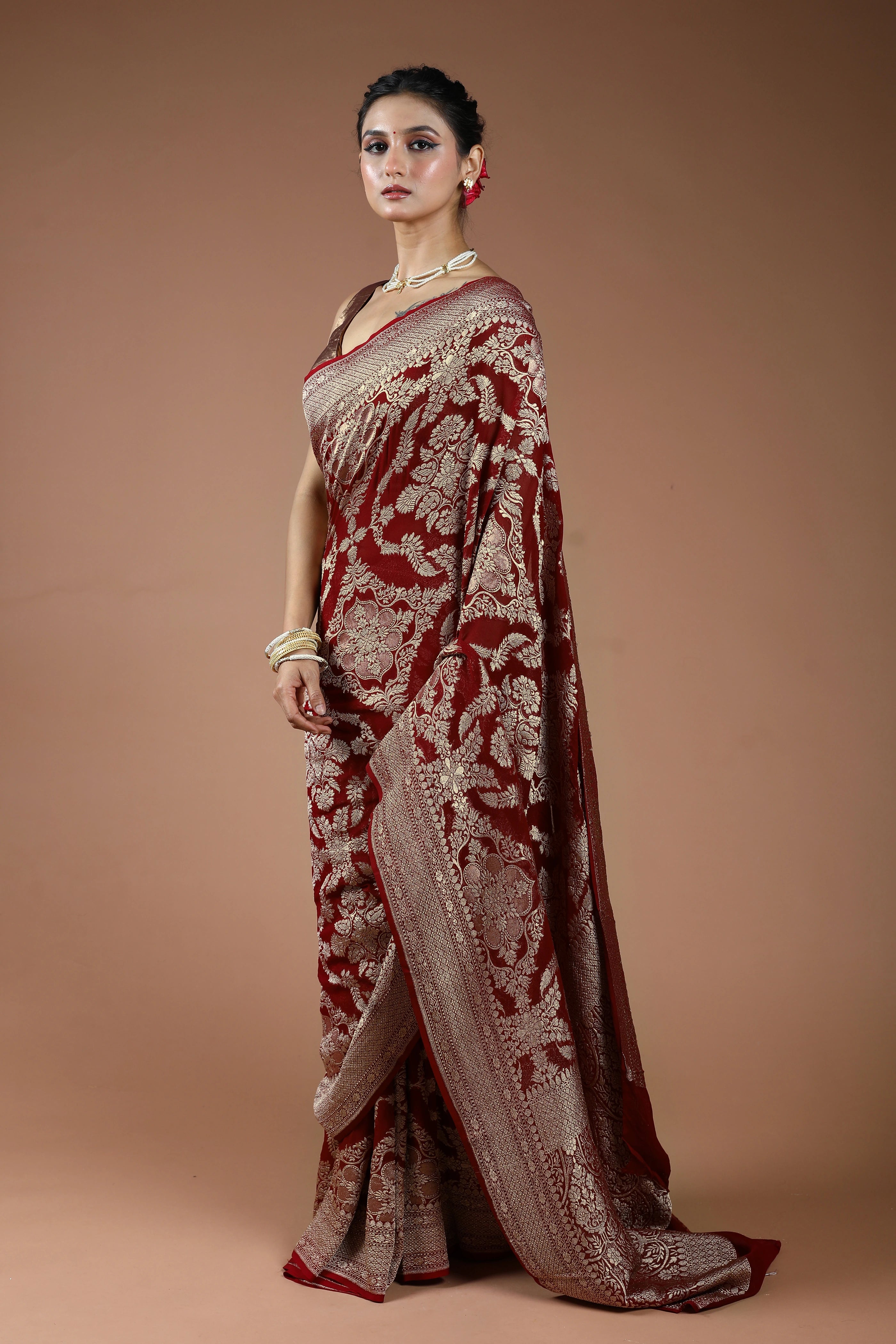 Dark Red Pure Georgette Saree With Blouse Piece