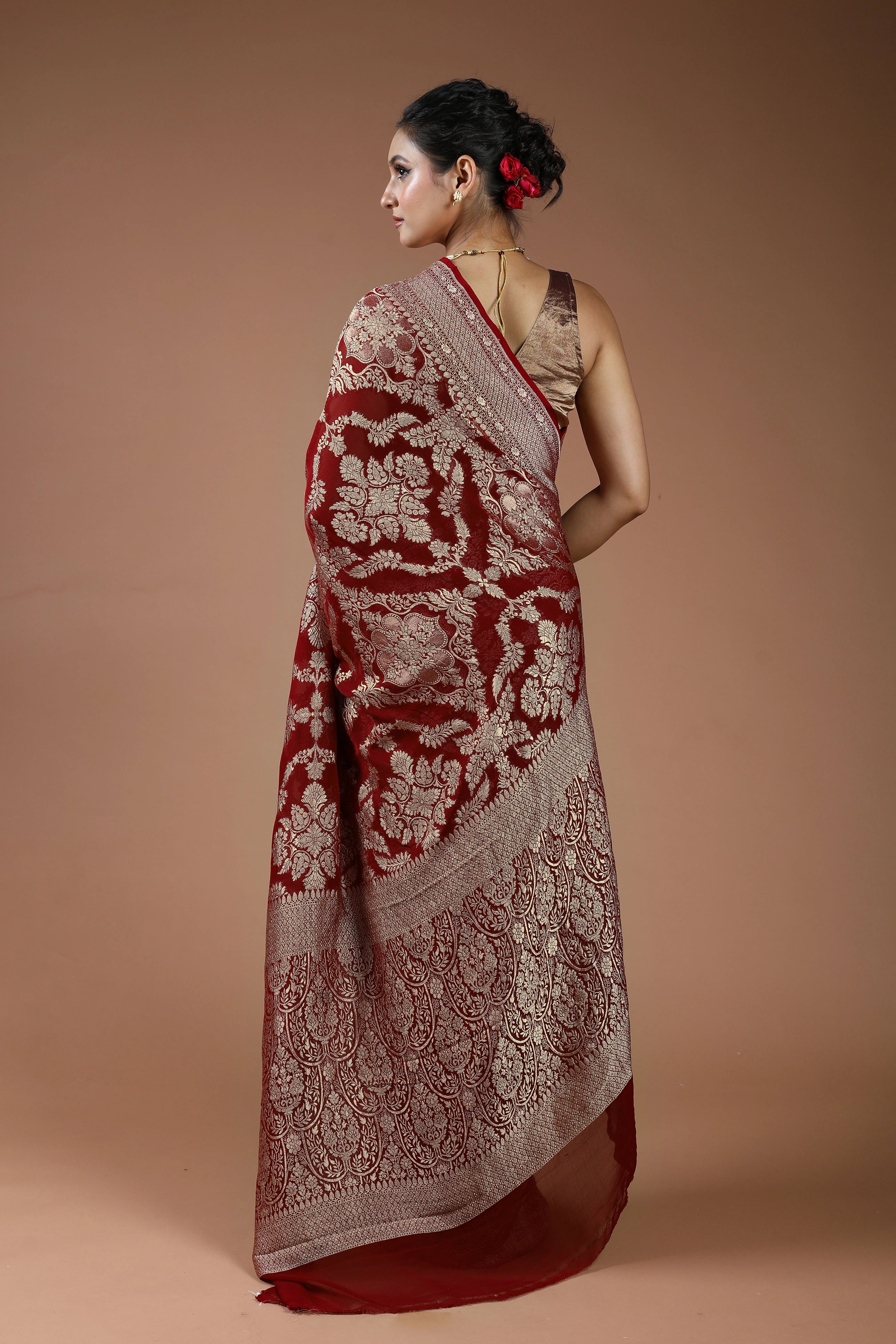 Dark Red Pure Georgette Saree With Blouse Piece