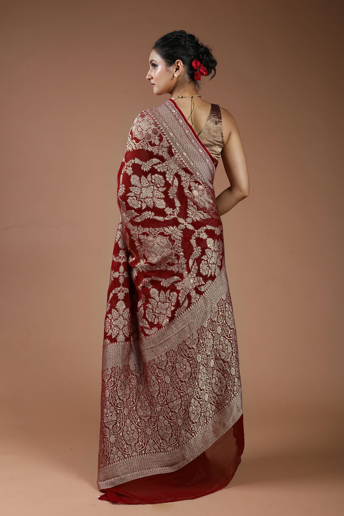 Dark Red Pure Georgette Saree With Blouse Piece