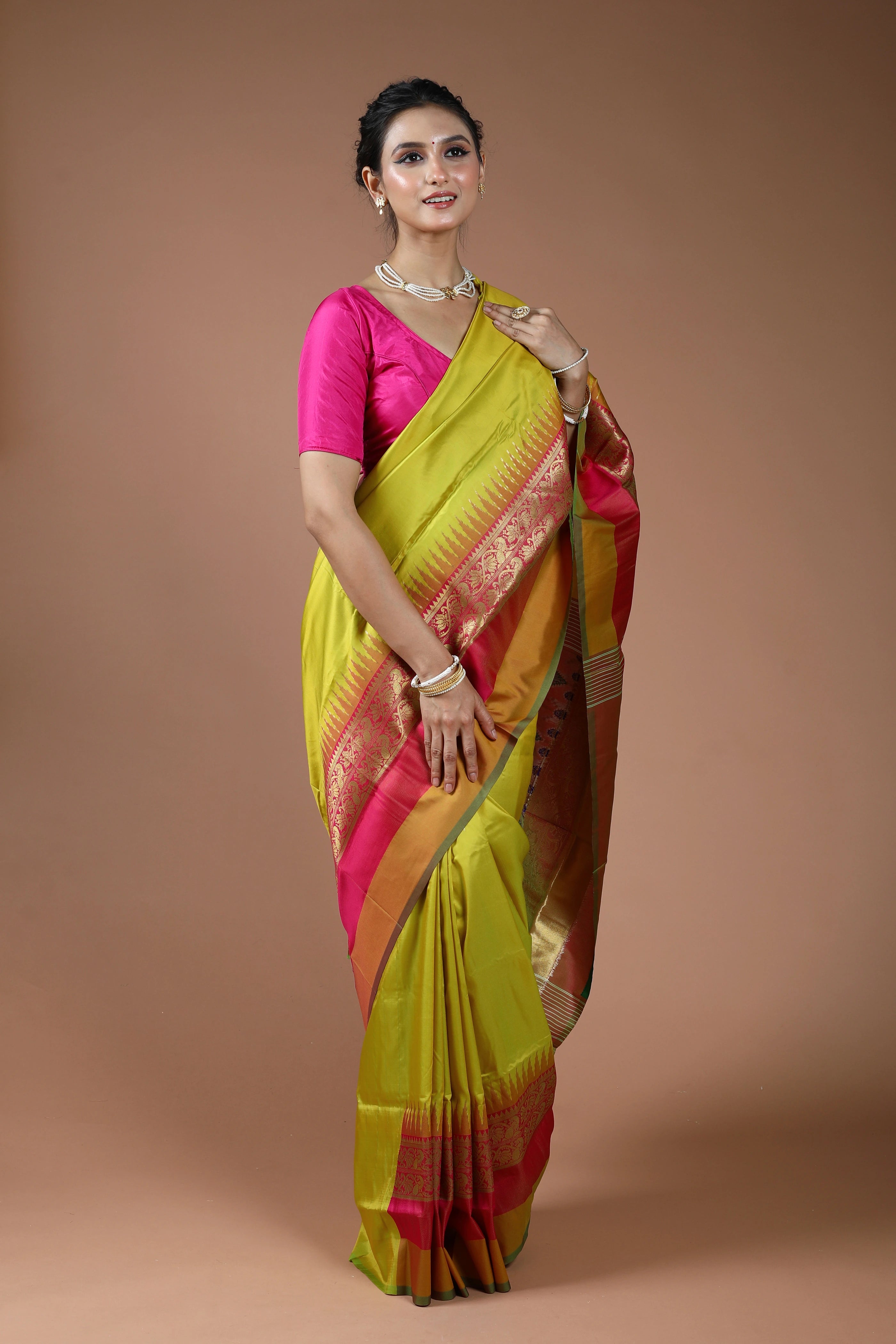 Olive Yellow Semi Pochampally Saree With Blouse Piece