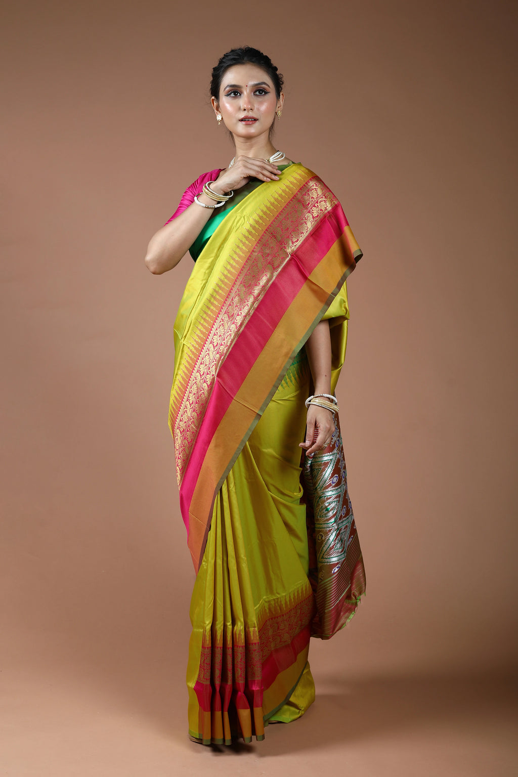 Olive Yellow Semi Pochampally Saree With Blouse Piece