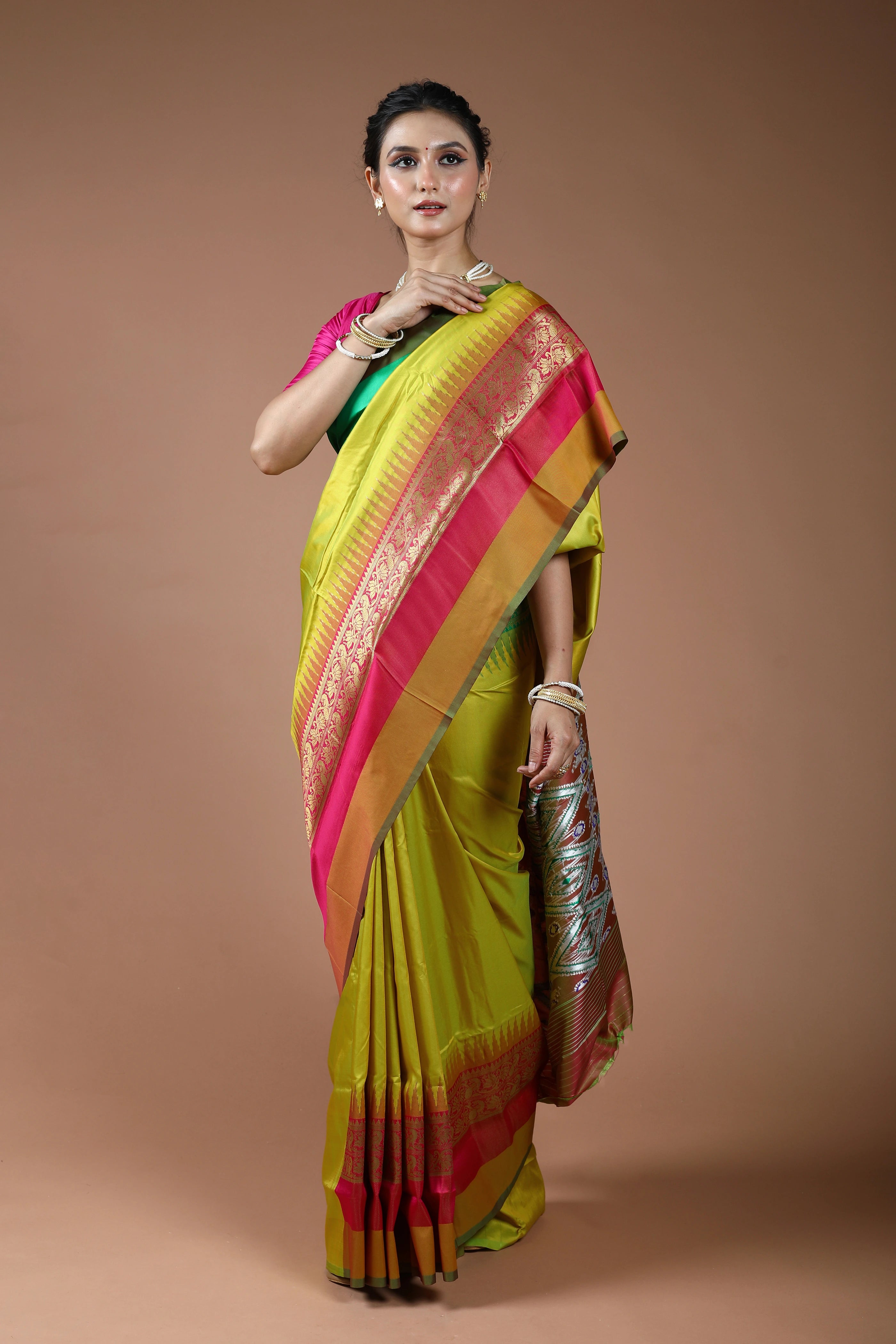 Olive Yellow Semi Pochampally Saree With Blouse Piece