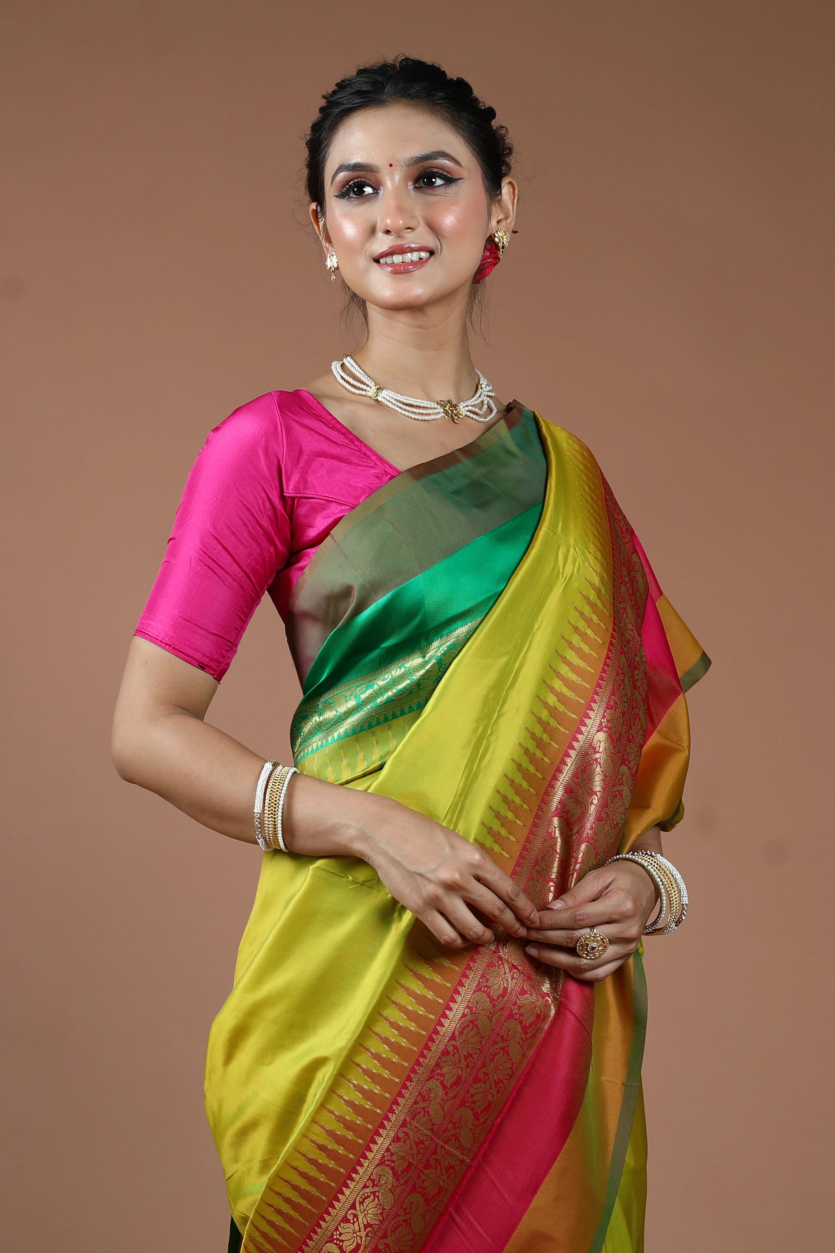 Olive Yellow Semi Pochampally Saree With Blouse Piece