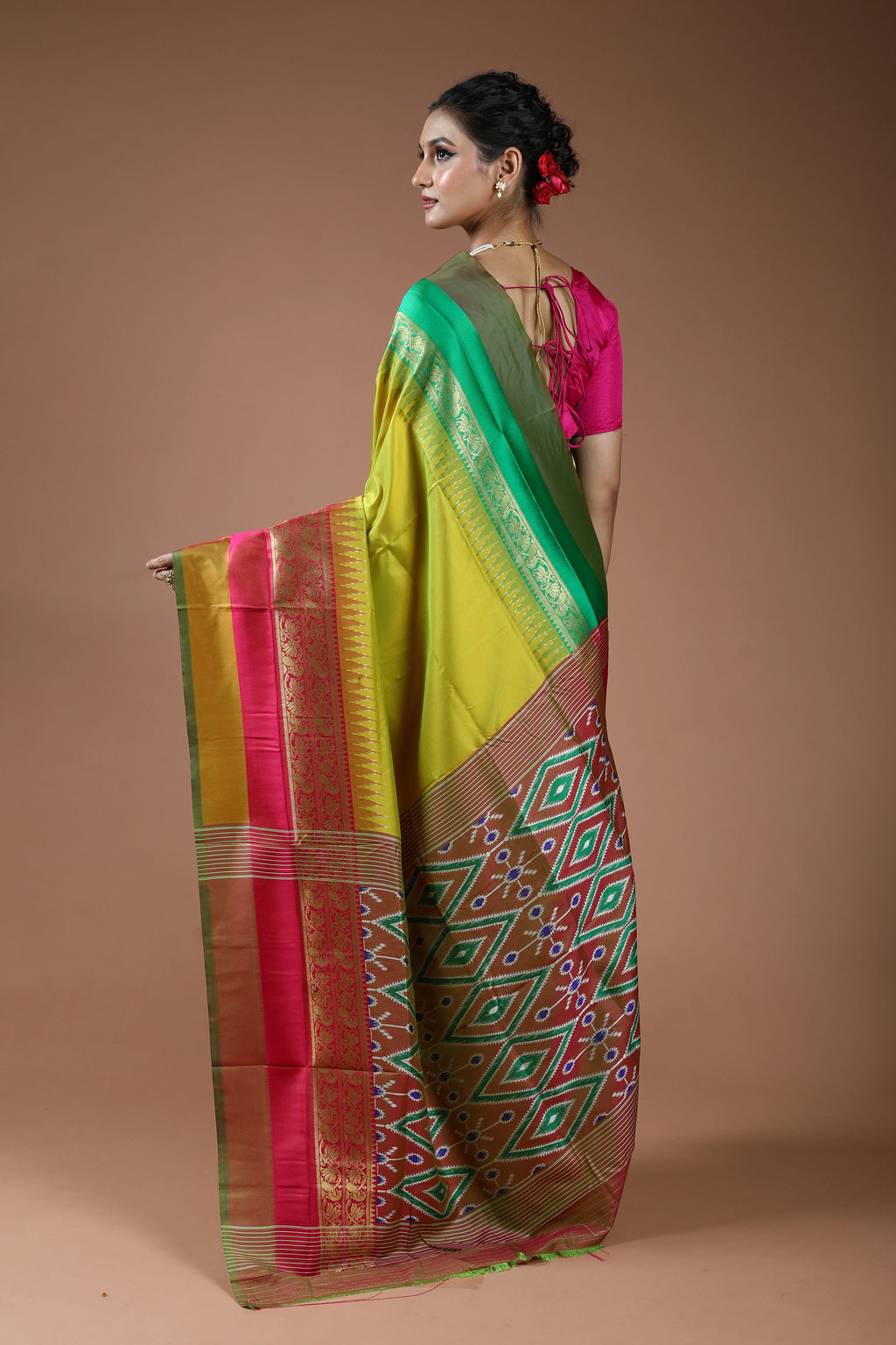 Olive Yellow Semi Pochampally Saree With Blouse Piece