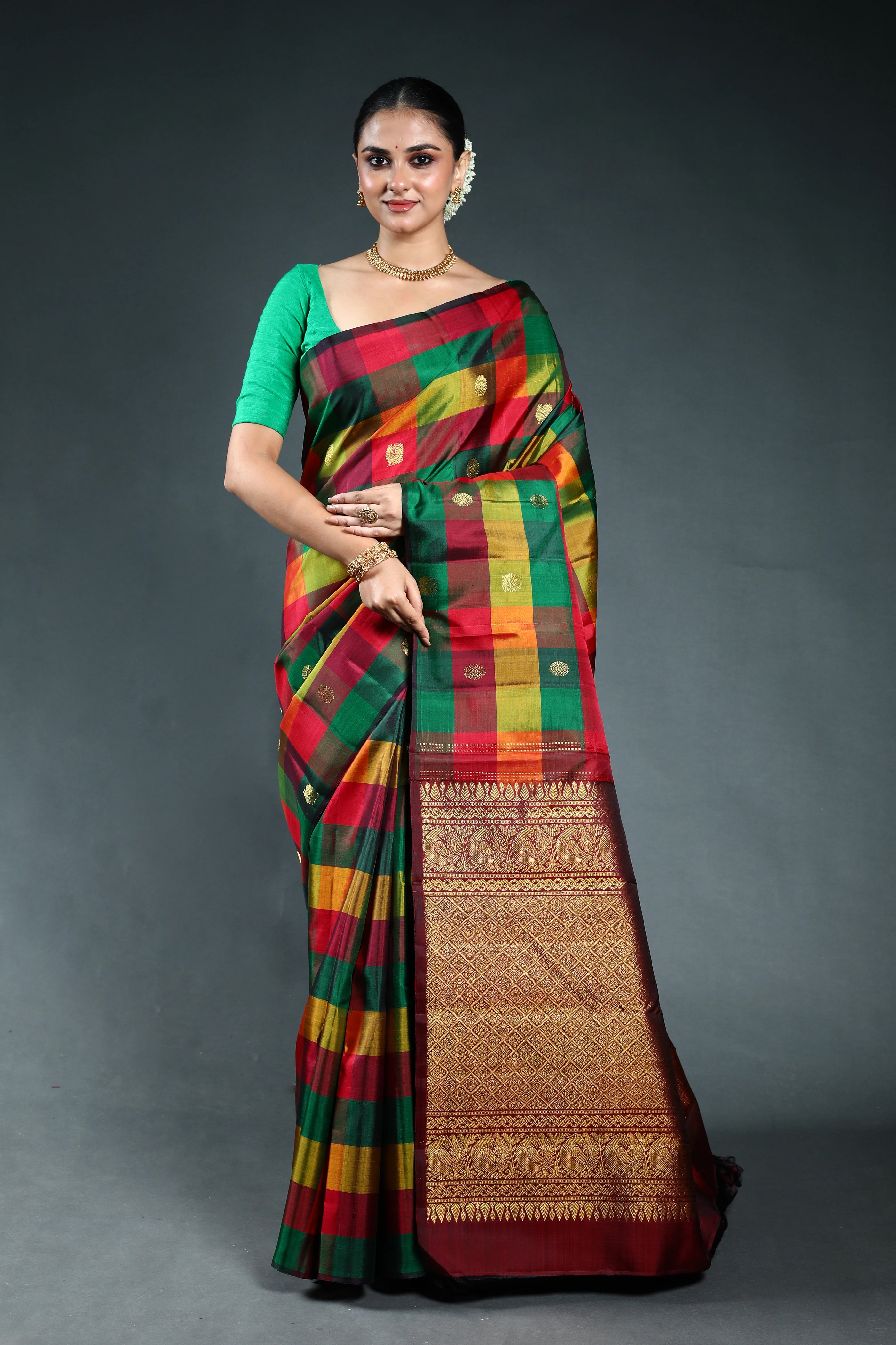 Multicolor Checks kanjivaram Saree with Blouse Piece