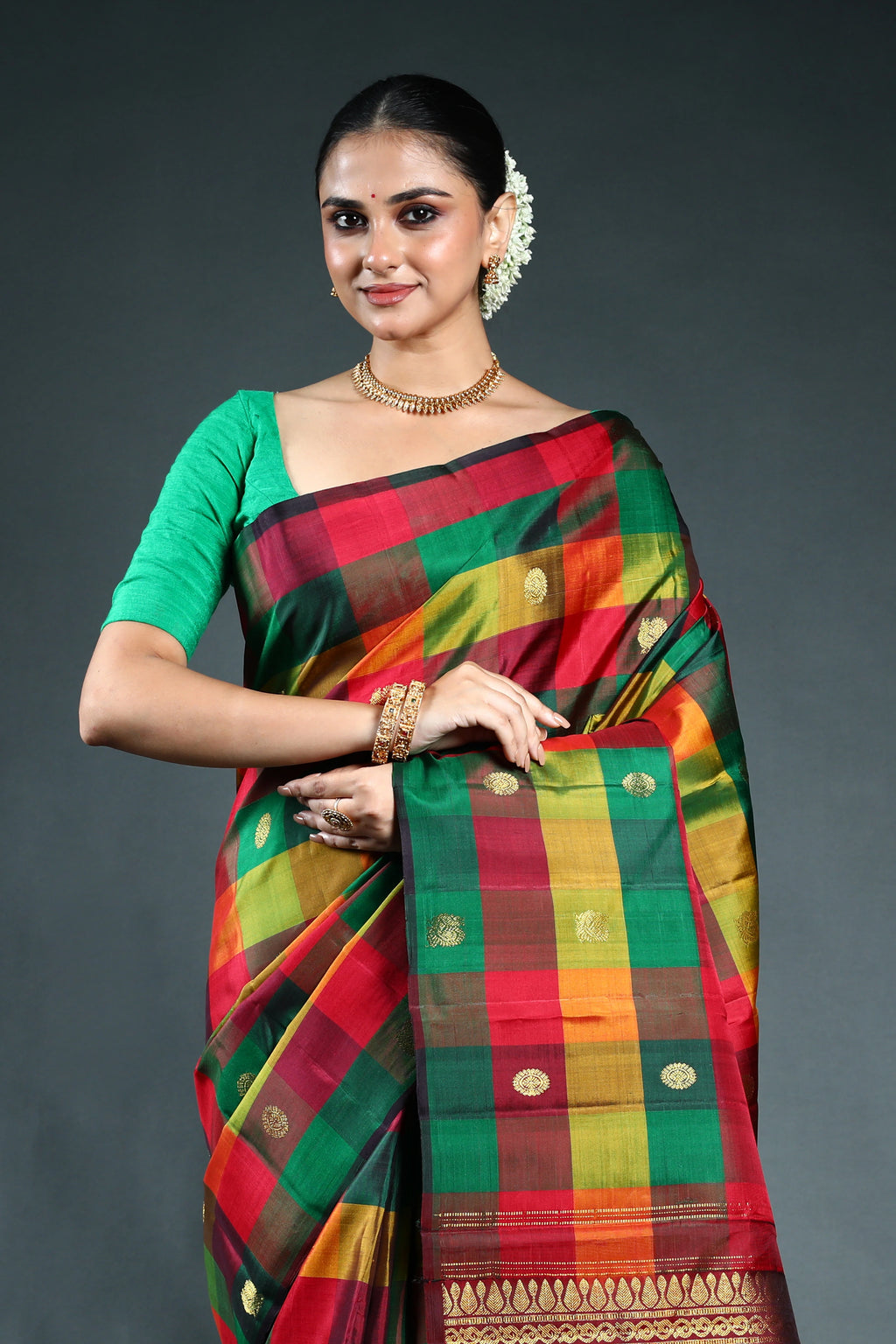 Multicolor Checks kanjivaram Saree with Blouse Piece