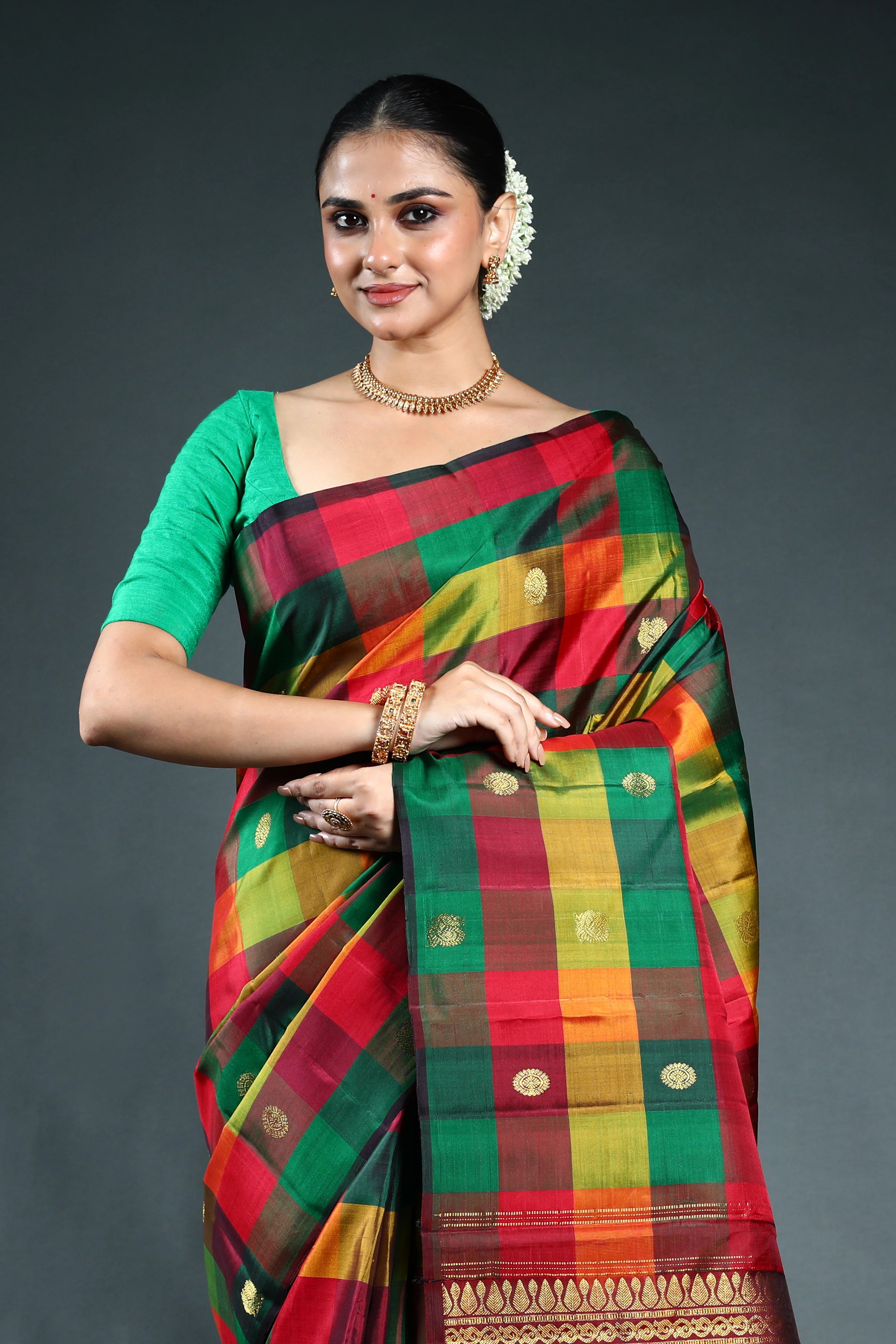 Multicolor Checks kanjivaram Saree with Blouse Piece