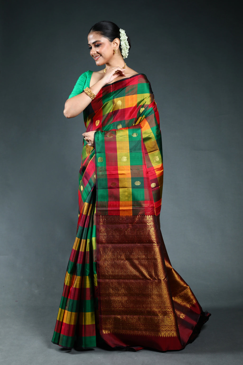 Multicolor Checks kanjivaram Saree with Blouse Piece