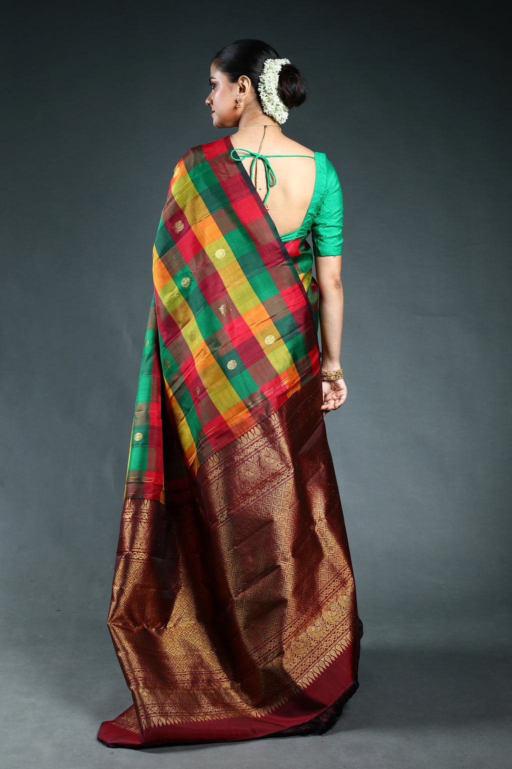Multicolor Checks kanjivaram Saree with Blouse Piece