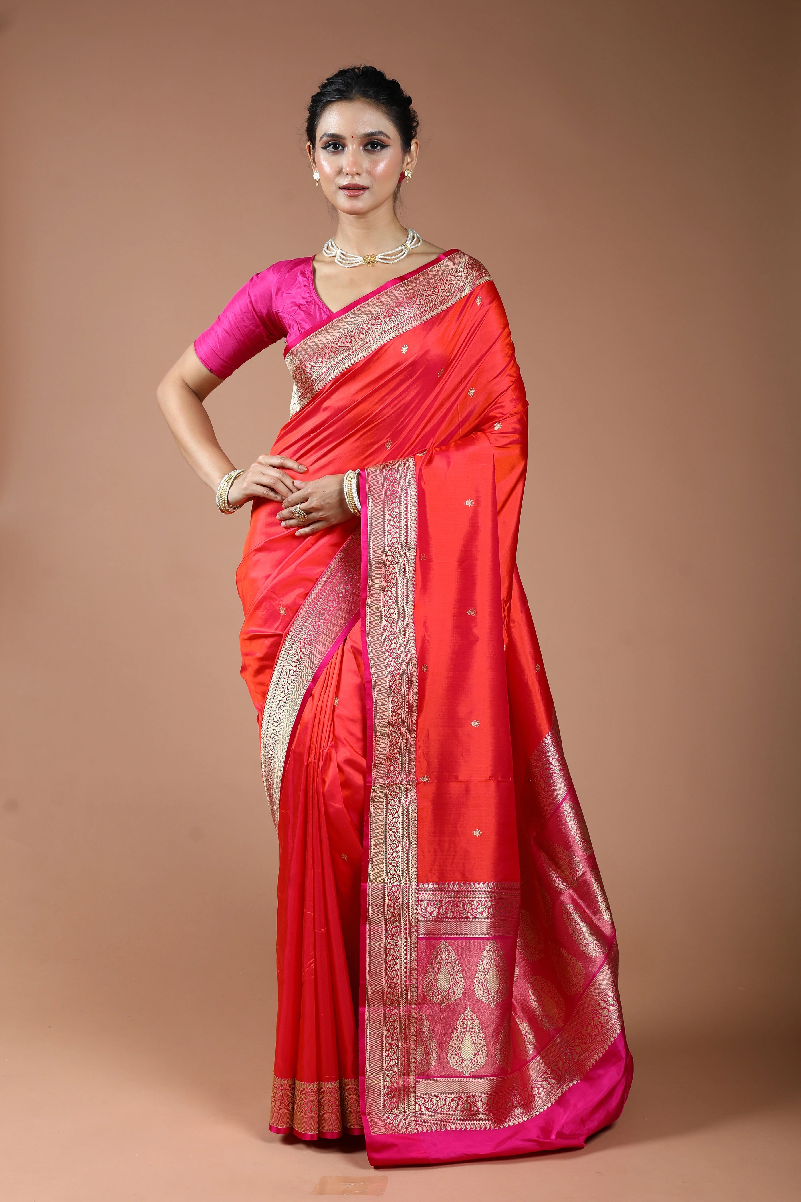 Orange Rani Dual Tone Pure Katan Silk Saree With Blouse Piece