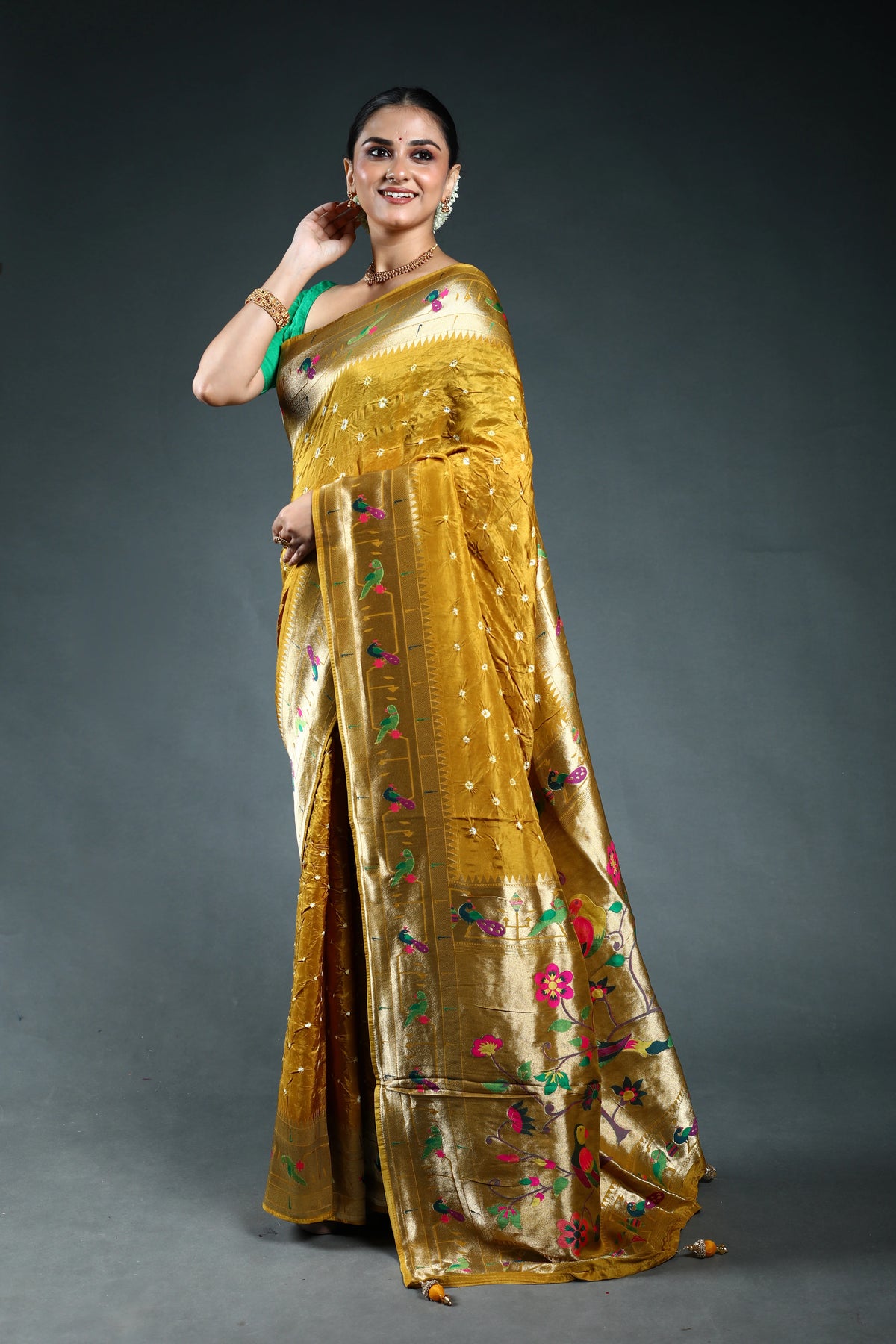 Mustard Semi Silk paithani Saree with Blouse Piece